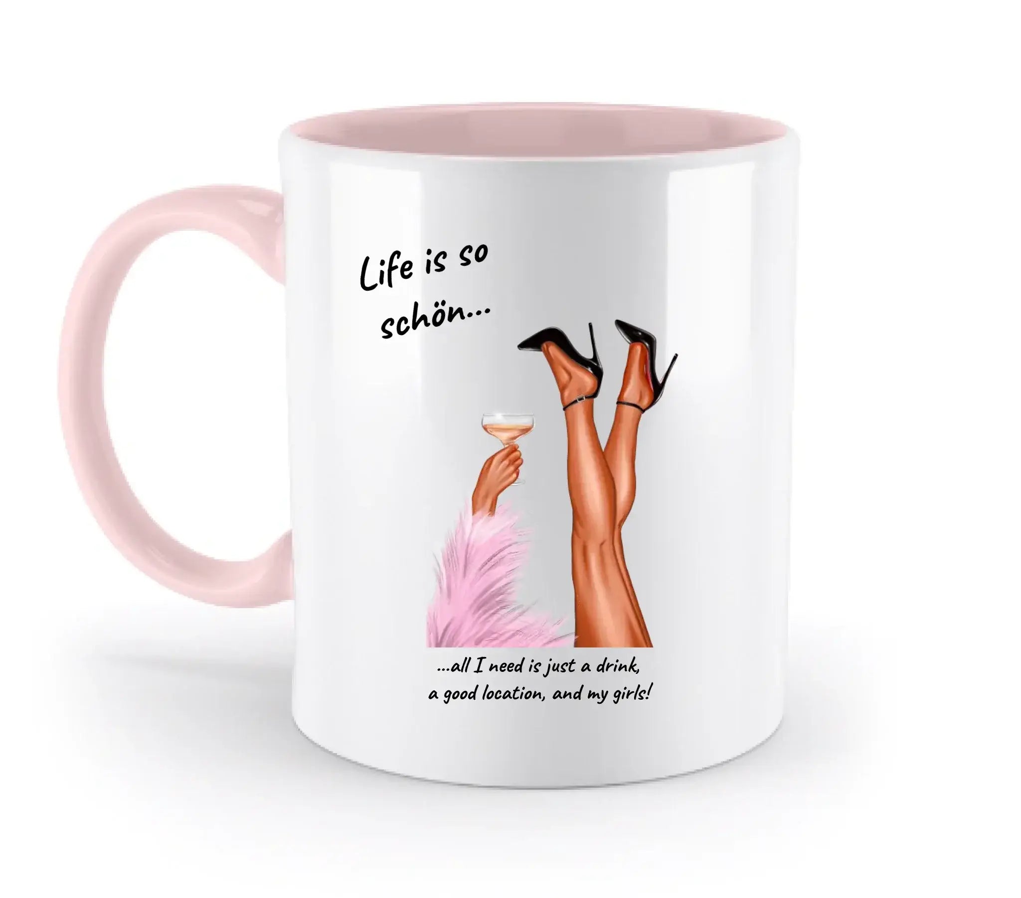 Weiße keramiktasse mit pinkem griff und innenraum, motiv schwarze high heels beine und cocktailglas, ladies party beine kollektion