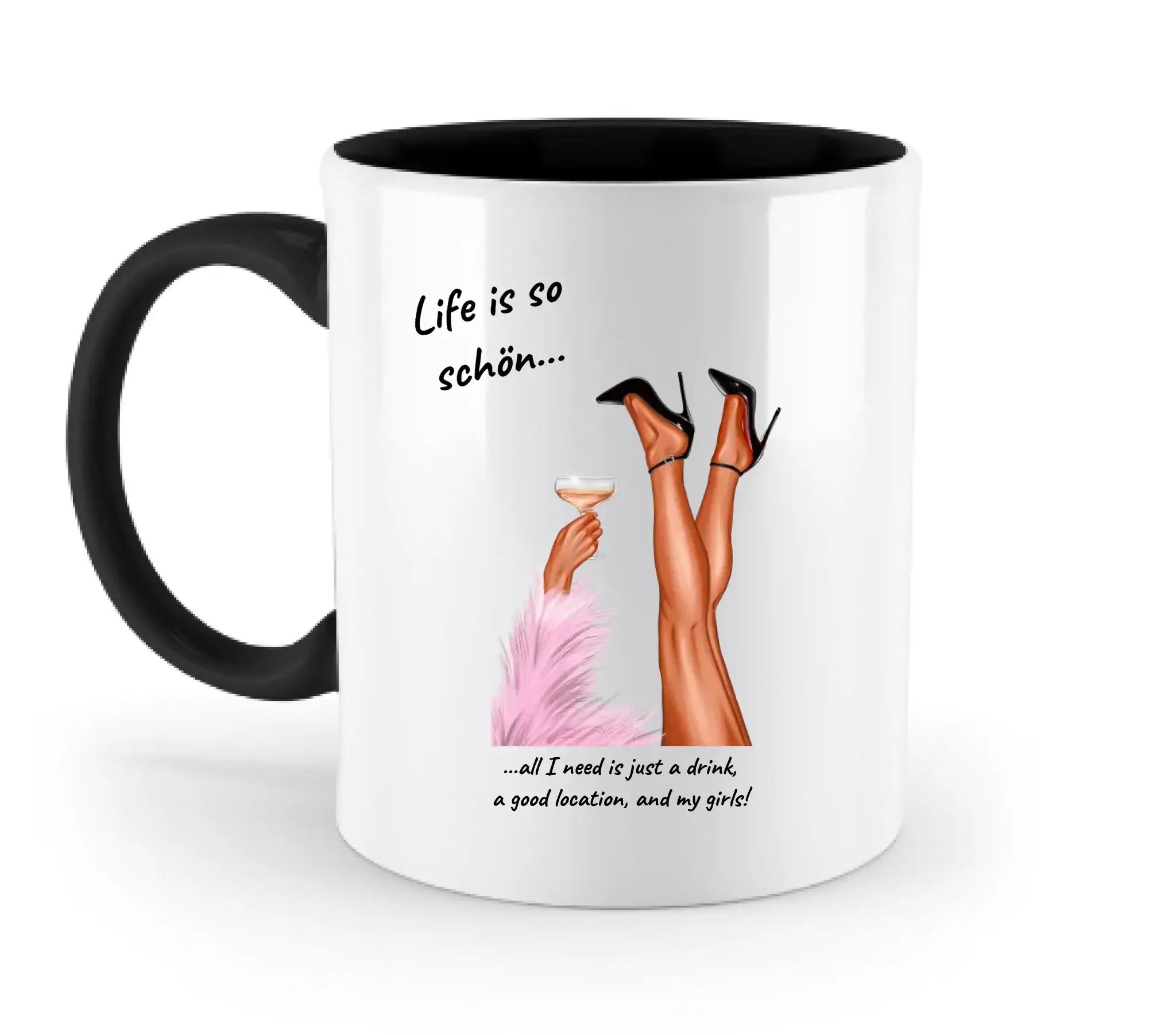 Weiße keramiktasse mit schwarzem griff und innenfläche mit illustration von beinen in high heels und cocktailglas