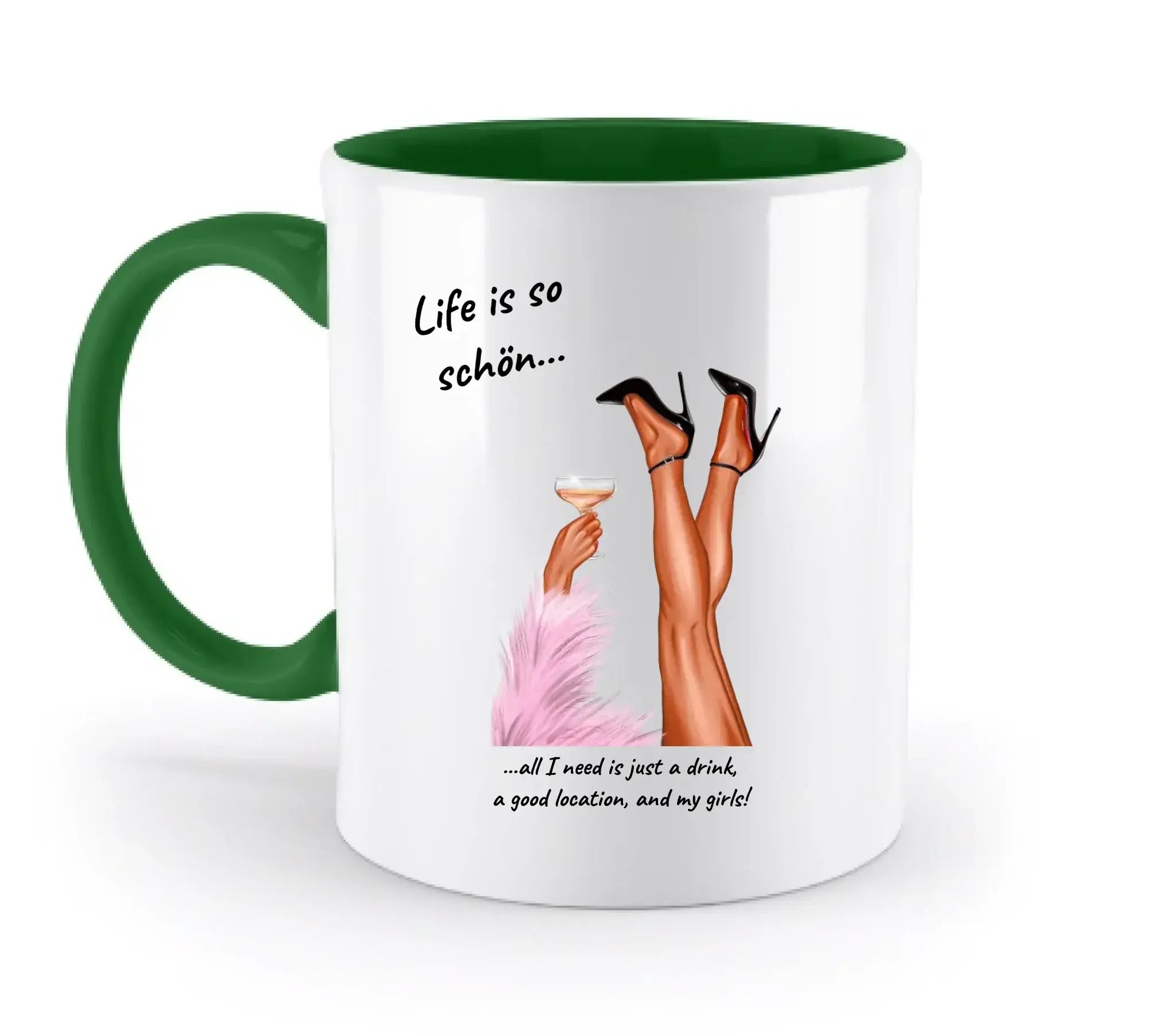 Weiße keramiktasse mit grünem innenbereich und griff mit illustration von beinen in schwarzen high heels und cocktailglas