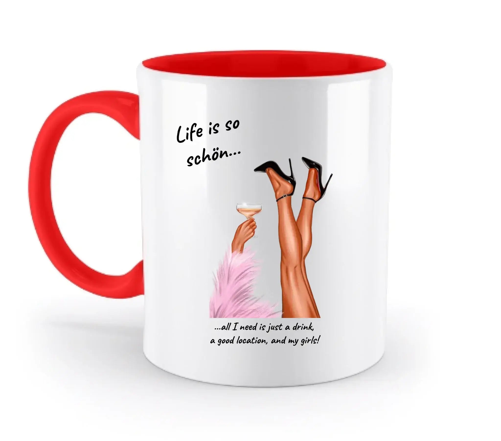 Weiße keramiktasse mit rotem griff und innen, bedruckt mit illustration schwarzer highheels-beine und cocktailglas