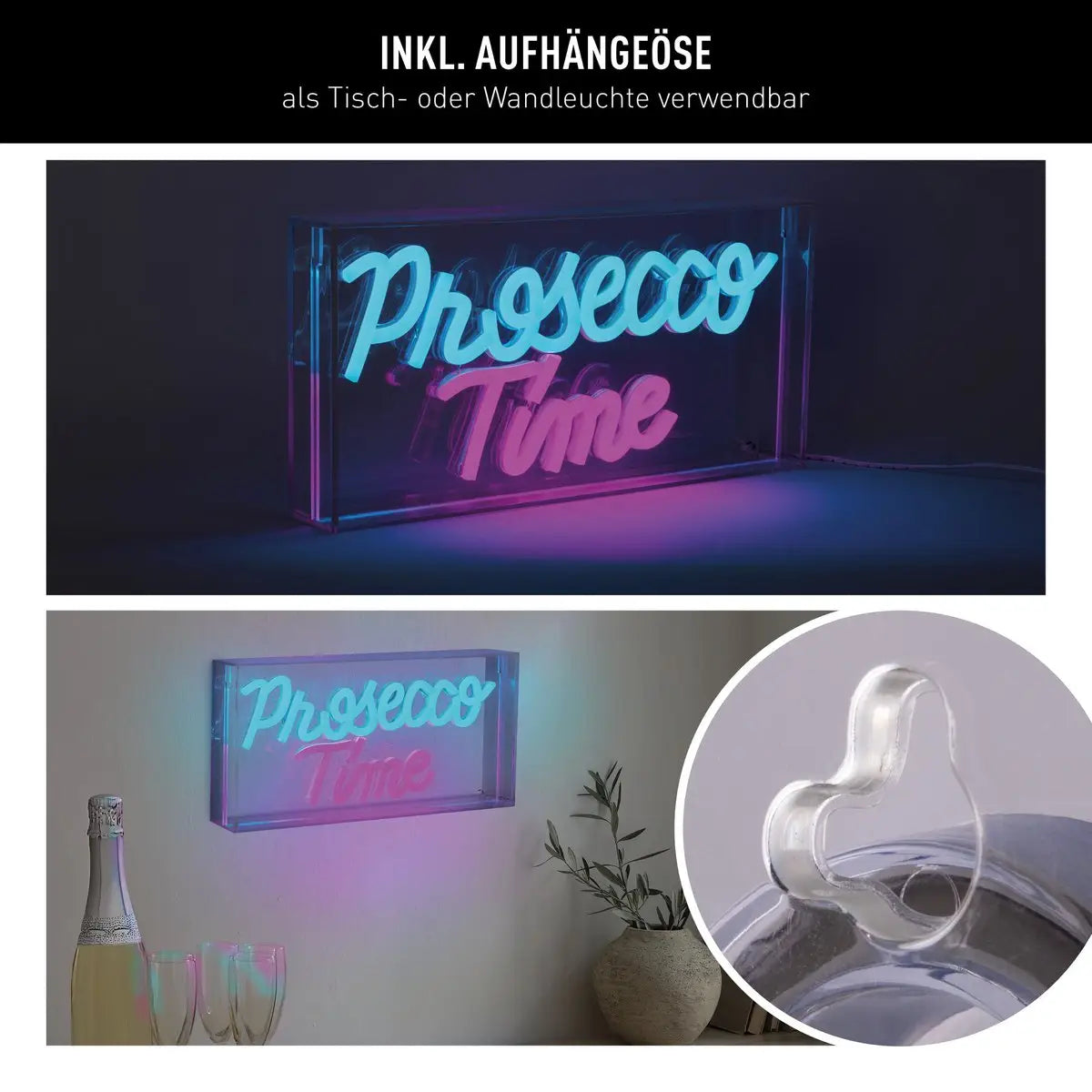 LED Schriftleuchte "PROSECCO TIME" Deko für Innen 30 x 15 cm, in blau und magenta-rot