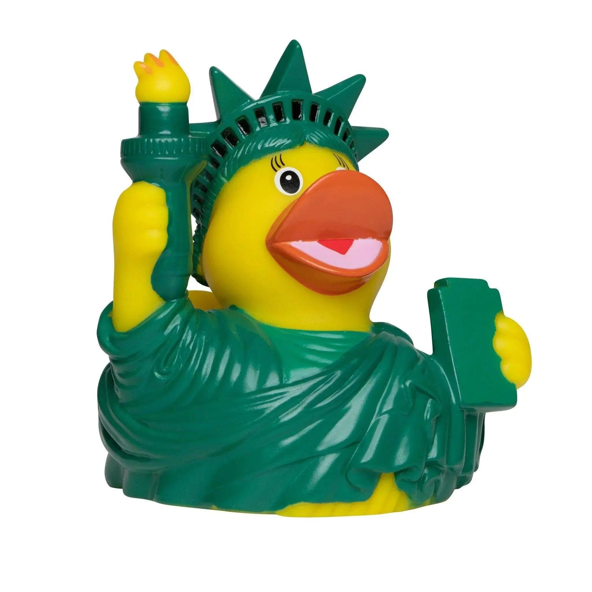Gelbe badeente liberty duck new york mit grner krone und robte als freiheitsstatue mit orangem schnabel