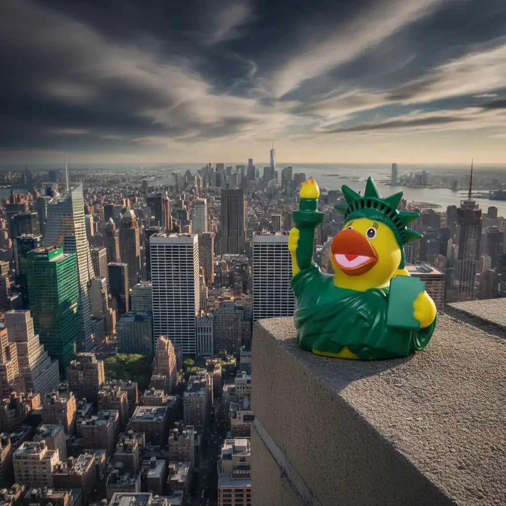 Gelbe badeente als freiheitsstatue mit grüner krone, robben und fackel in liberty duck new york design