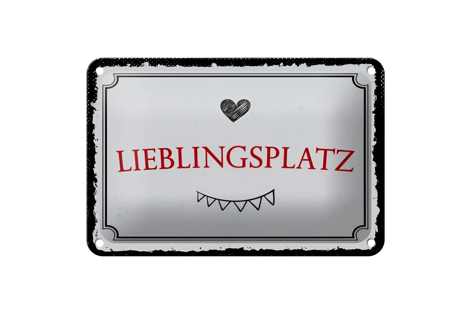 Rechteckiges blechschild 20x30cm aus silbernem metall mit schwarzem rand und rotem lieblingsplatz schriftzug