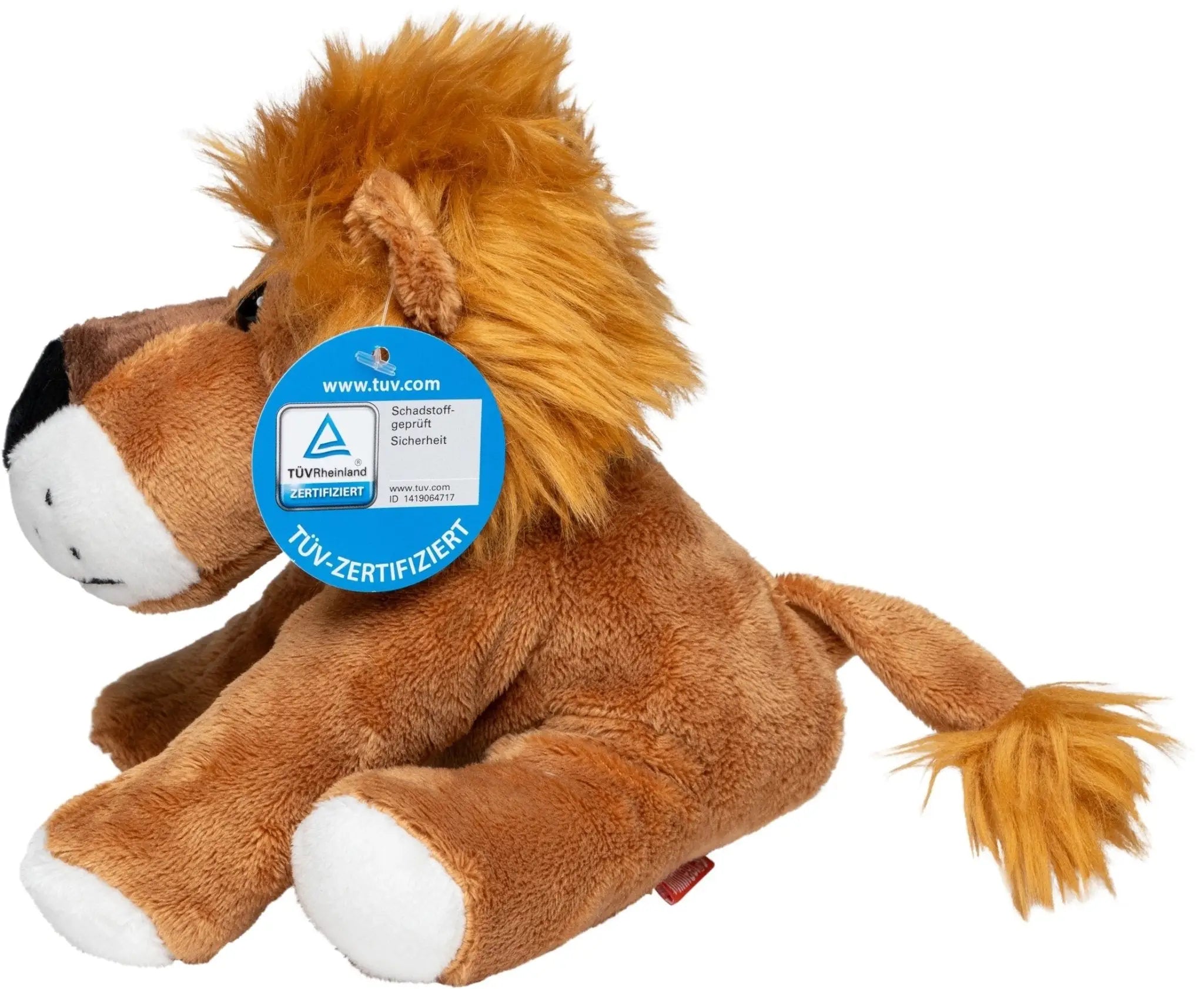 plush lion toy named löwe ole mit goldfarben braun mane weiß paws und muzzle sitzend upright made von soft fabric