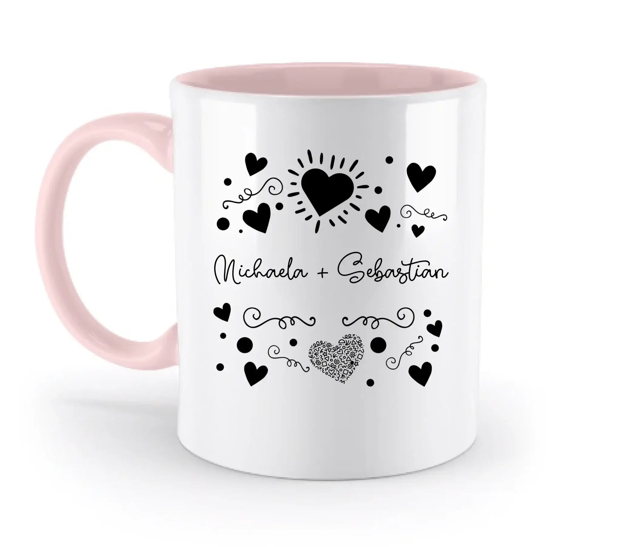 Love Design 1-3 mit Wunschnamen (personalisierbare Motive) - Zweifarbige Tasse / Powder-Pink / 330ml