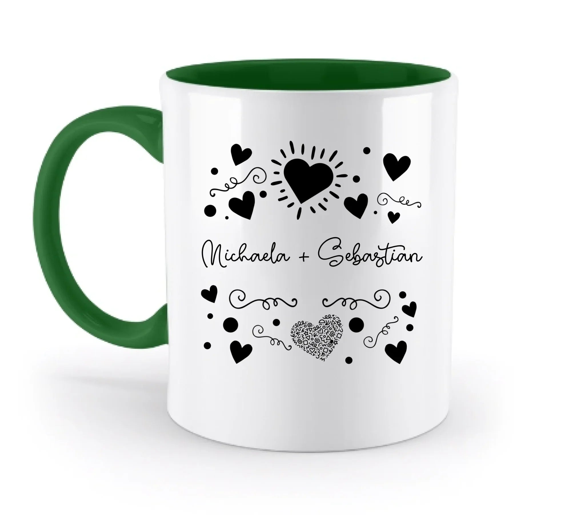 Love Design 1-3 mit Wunschnamen (personalisierbare Motive) - Zweifarbige Tasse / Irish-Green / 330ml