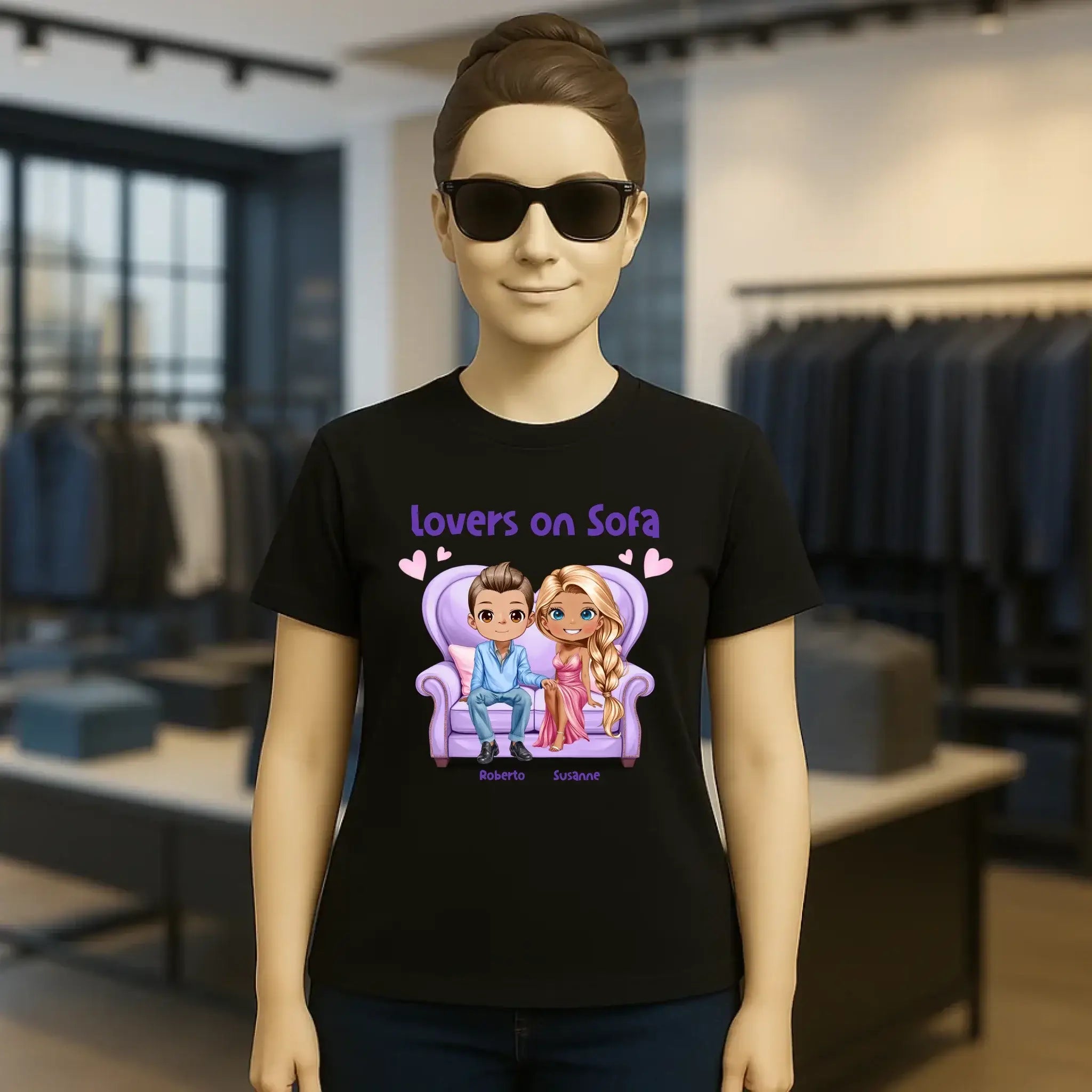 LOVERS ON SOFA diverse Paare • mit Wunschtext • Damen T-Shirt • Bio • personalisiert