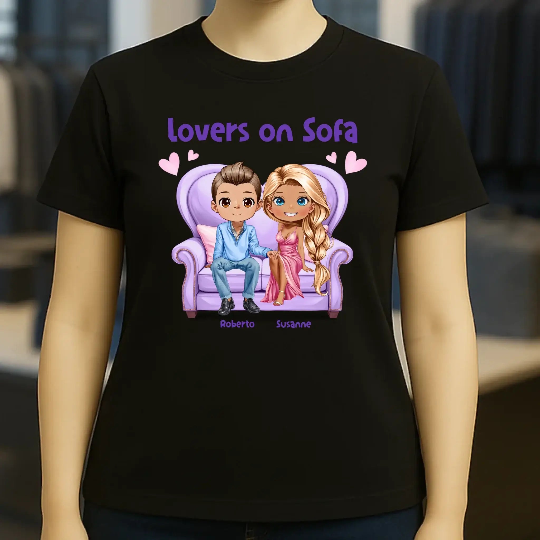 LOVERS ON SOFA diverse Paare • mit Wunschtext • Damen T-Shirt • Bio • personalisiert