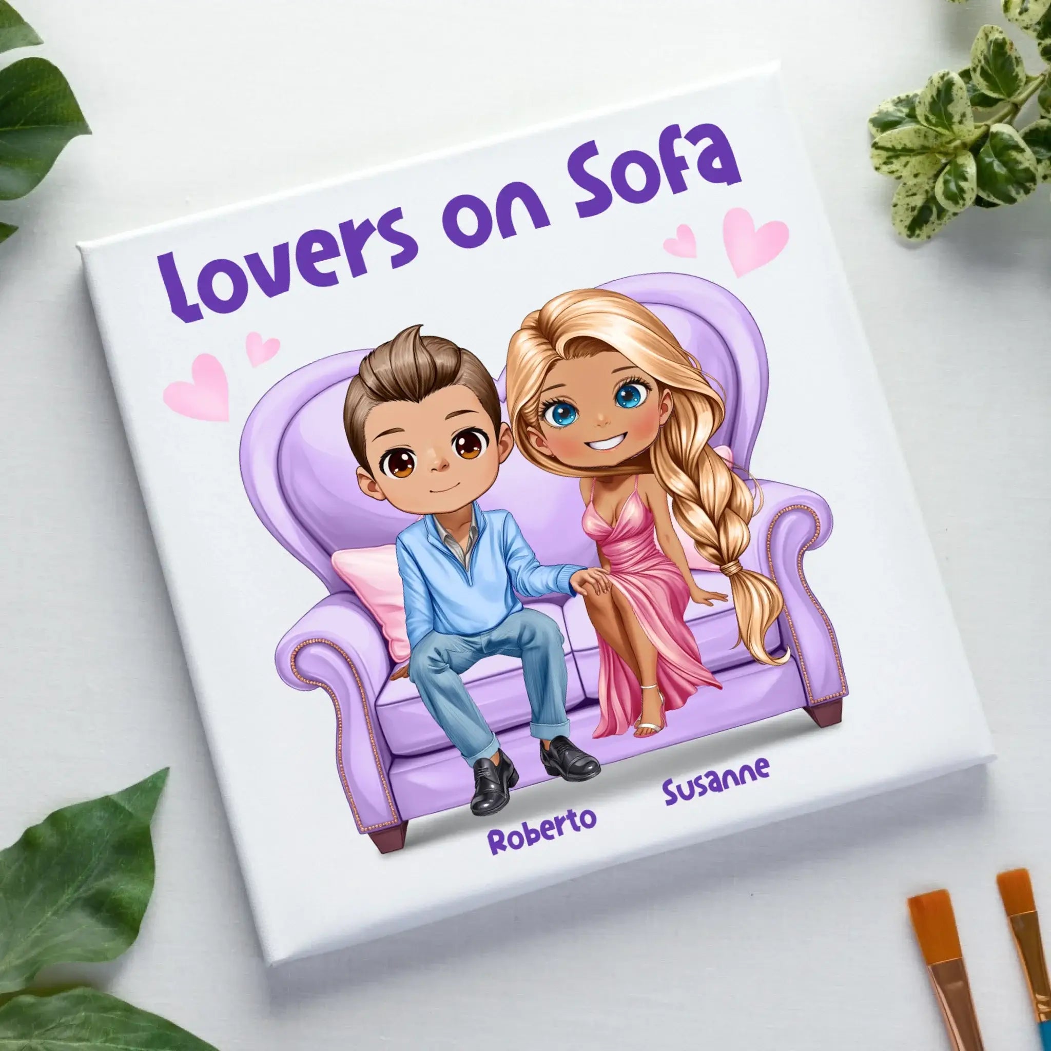 LOVERS ON SOFA diverse Paare • mit Wunschtext • Leinwand 50x50 cm • personalisierbar