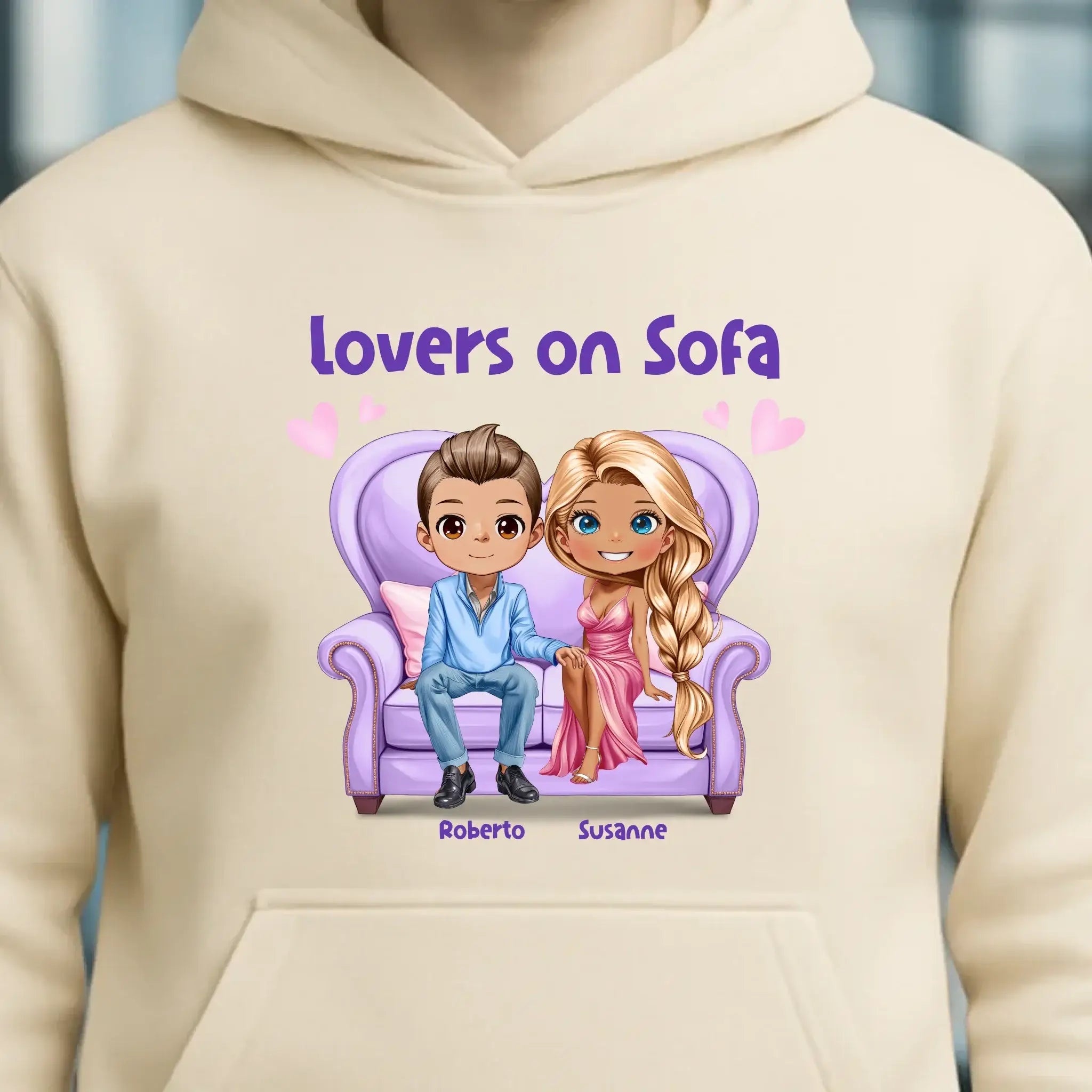 LOVERS ON SOFA diverse Paare • mit Wunschtext • Unisex Hoodie für Damen & Herren • Bio • personalisiert