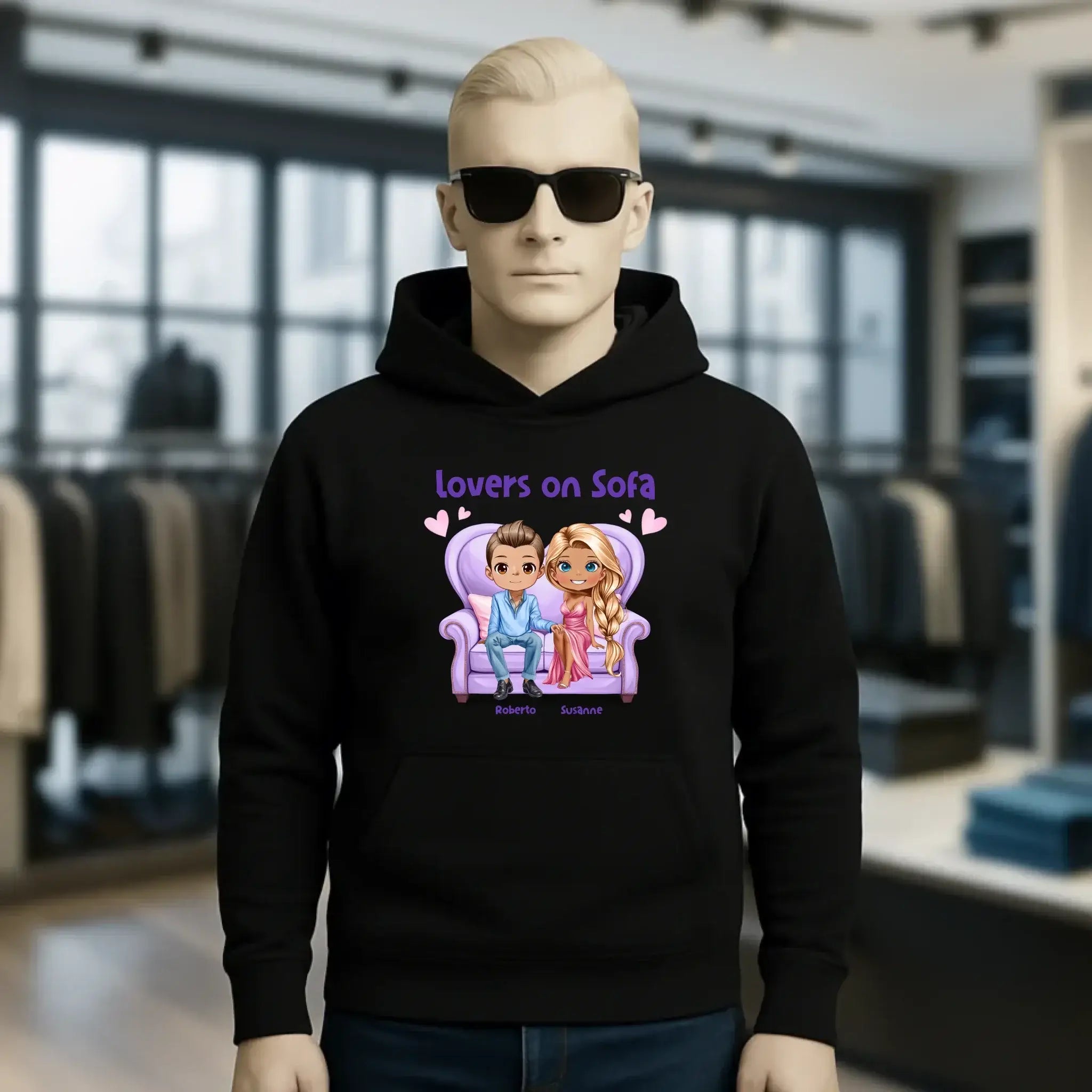 LOVERS ON SOFA diverse Paare • mit Wunschtext • Unisex Hoodie für Damen & Herren • Bio • personalisiert