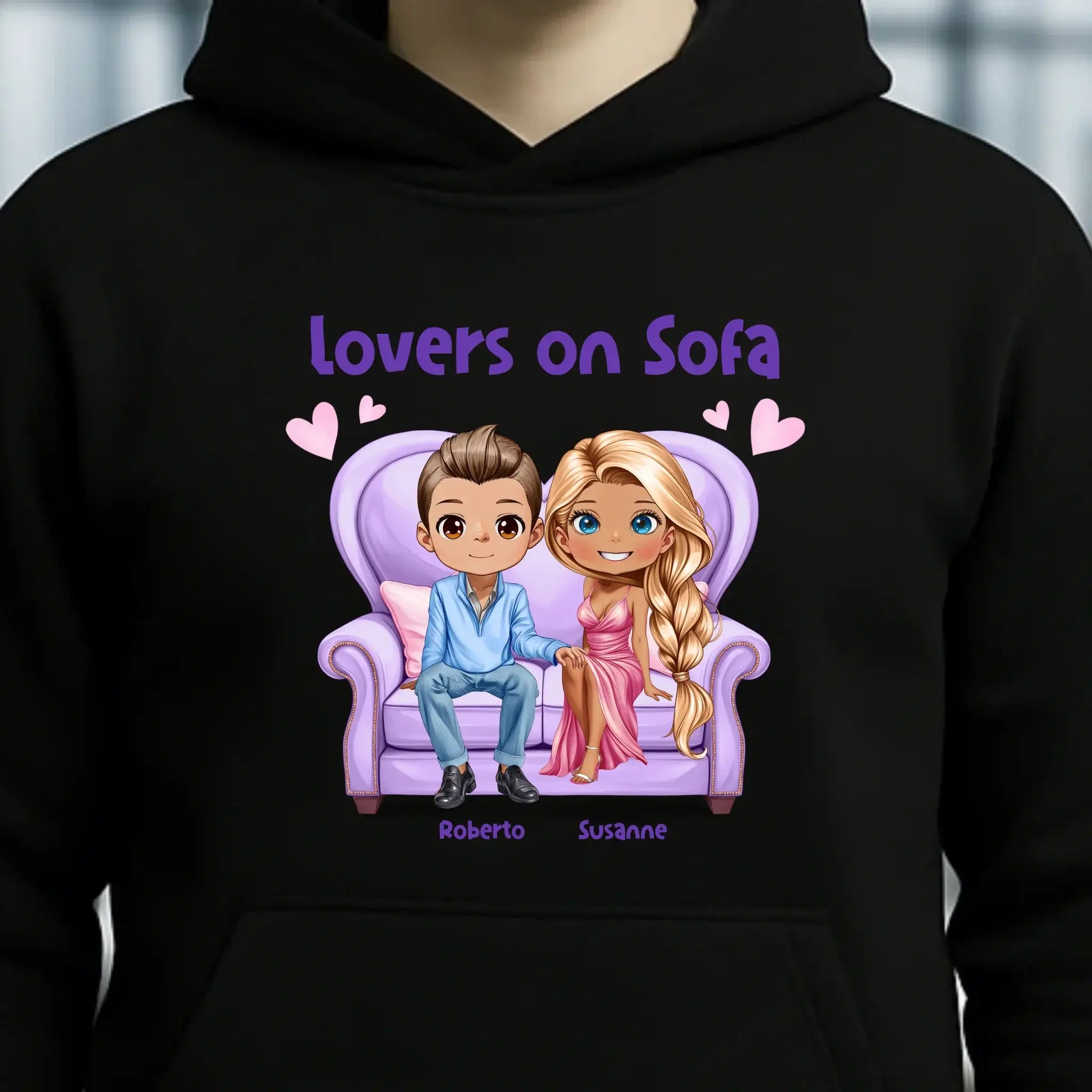 LOVERS ON SOFA diverse Paare • mit Wunschtext • Unisex Hoodie für Damen & Herren • Bio • personalisiert