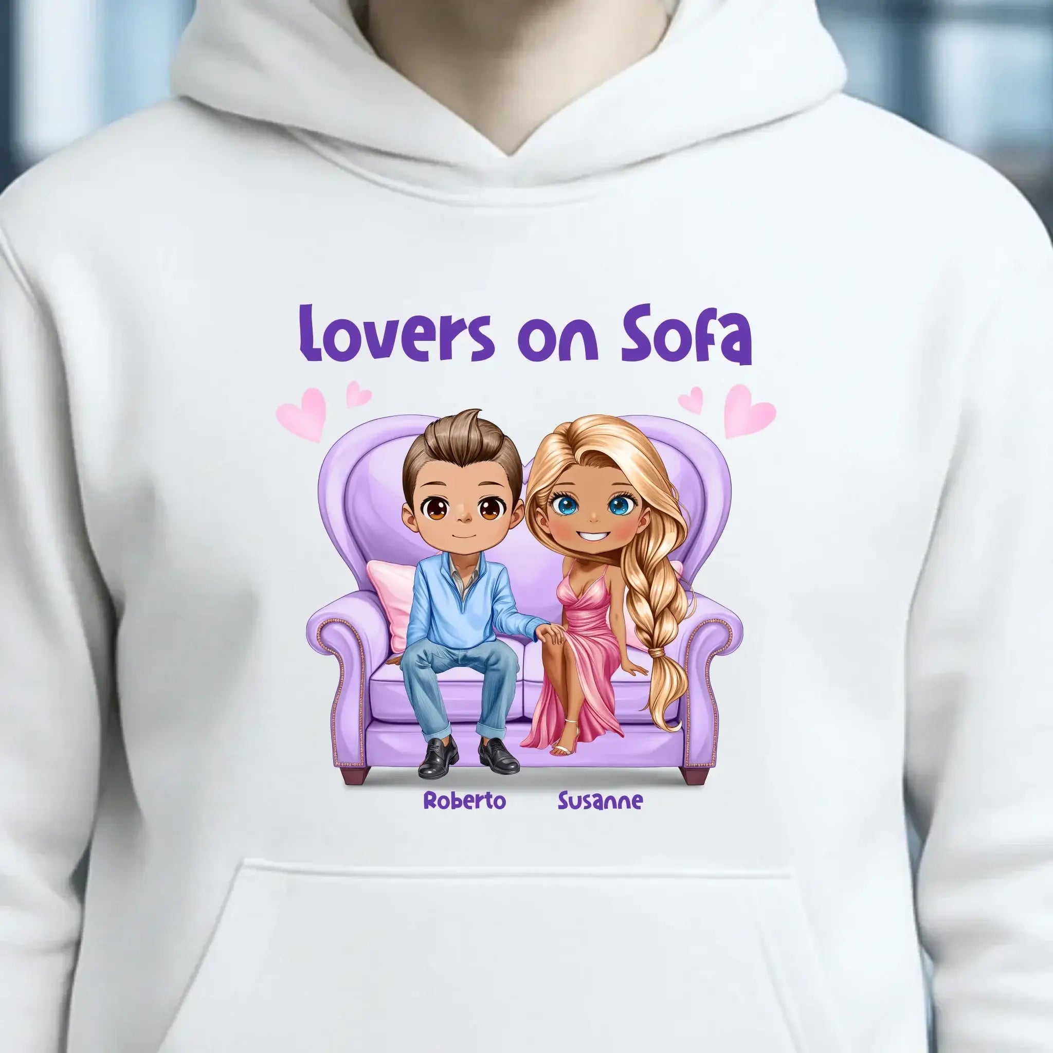 LOVERS ON SOFA diverse Paare • mit Wunschtext • Unisex Hoodie für Damen & Herren • Bio • personalisiert