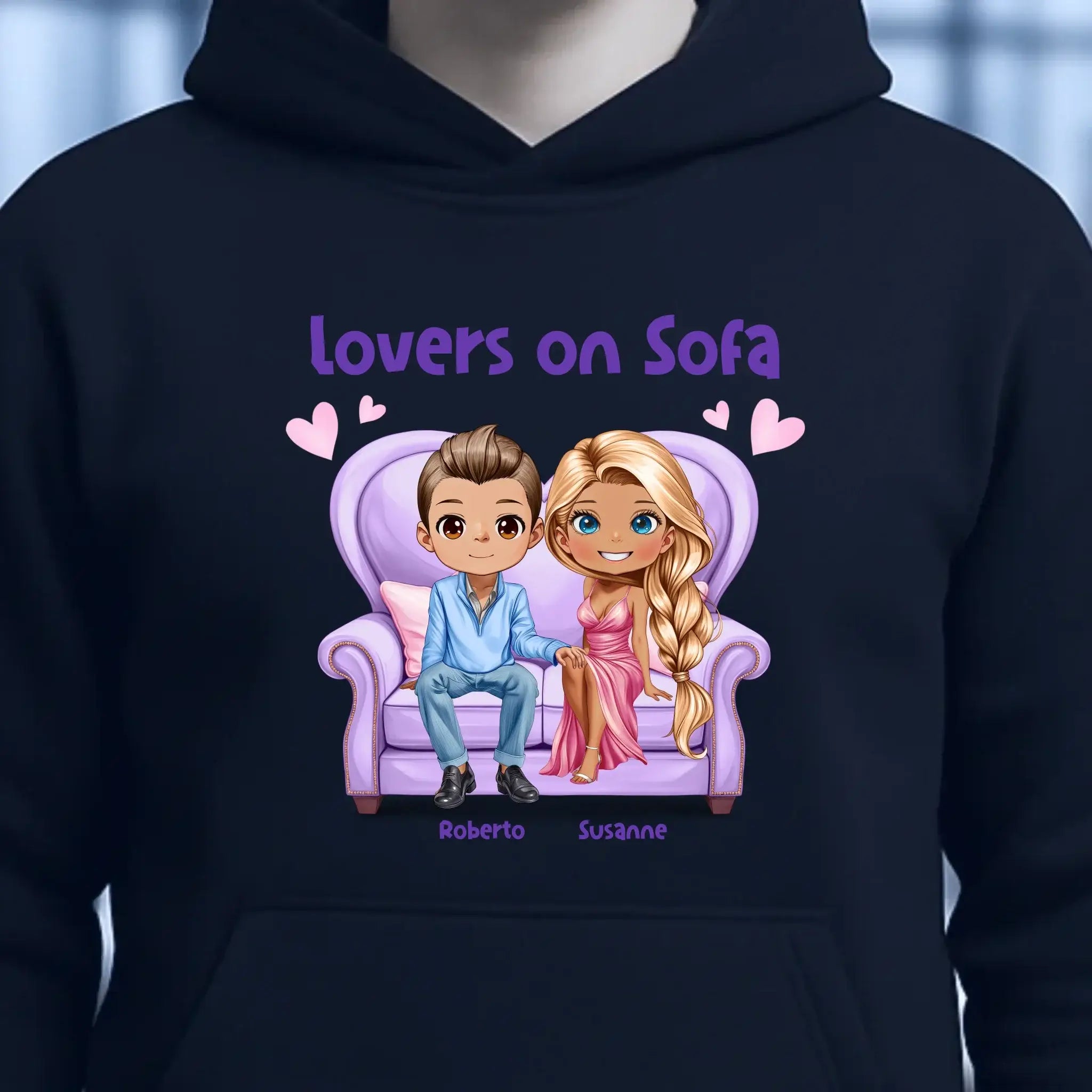 LOVERS ON SOFA diverse Paare • mit Wunschtext • Unisex Hoodie für Damen & Herren • Bio • personalisiert