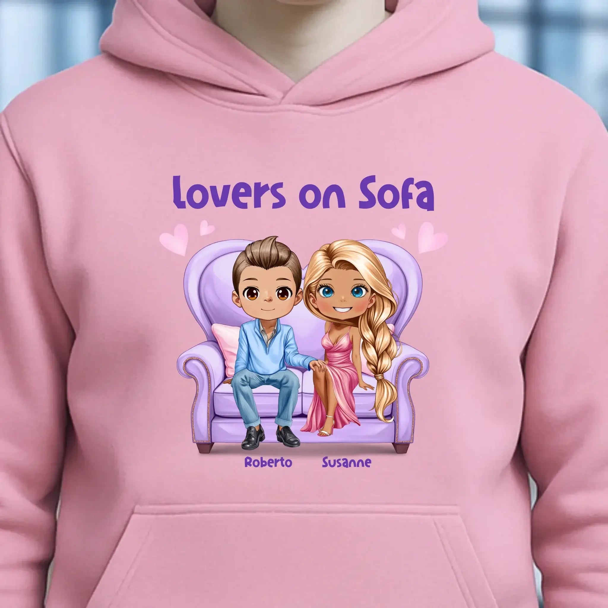 LOVERS ON SOFA diverse Paare • mit Wunschtext • Unisex Hoodie für Damen & Herren • Bio • personalisiert