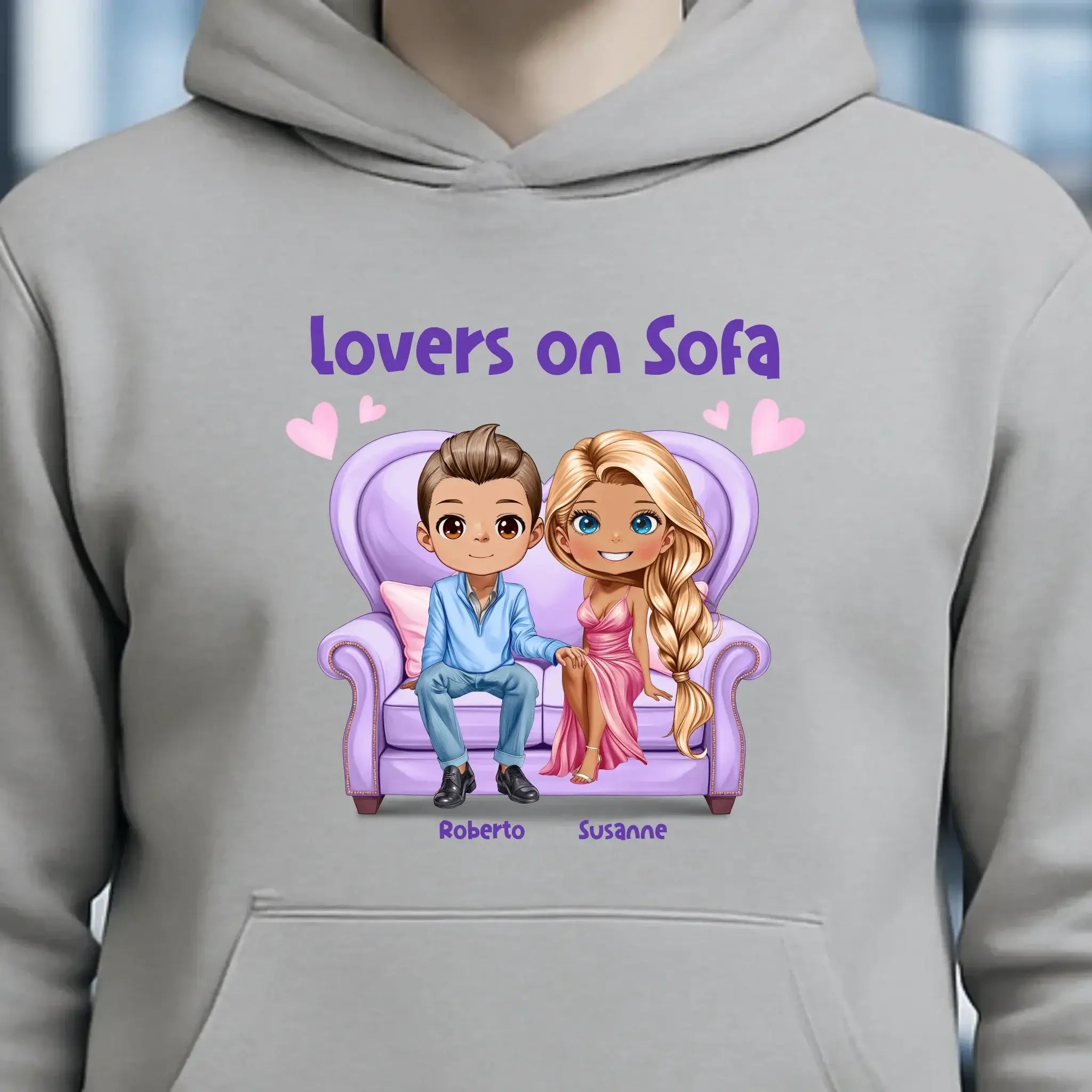 LOVERS ON SOFA diverse Paare • mit Wunschtext • Unisex Hoodie für Damen & Herren • Bio • personalisiert