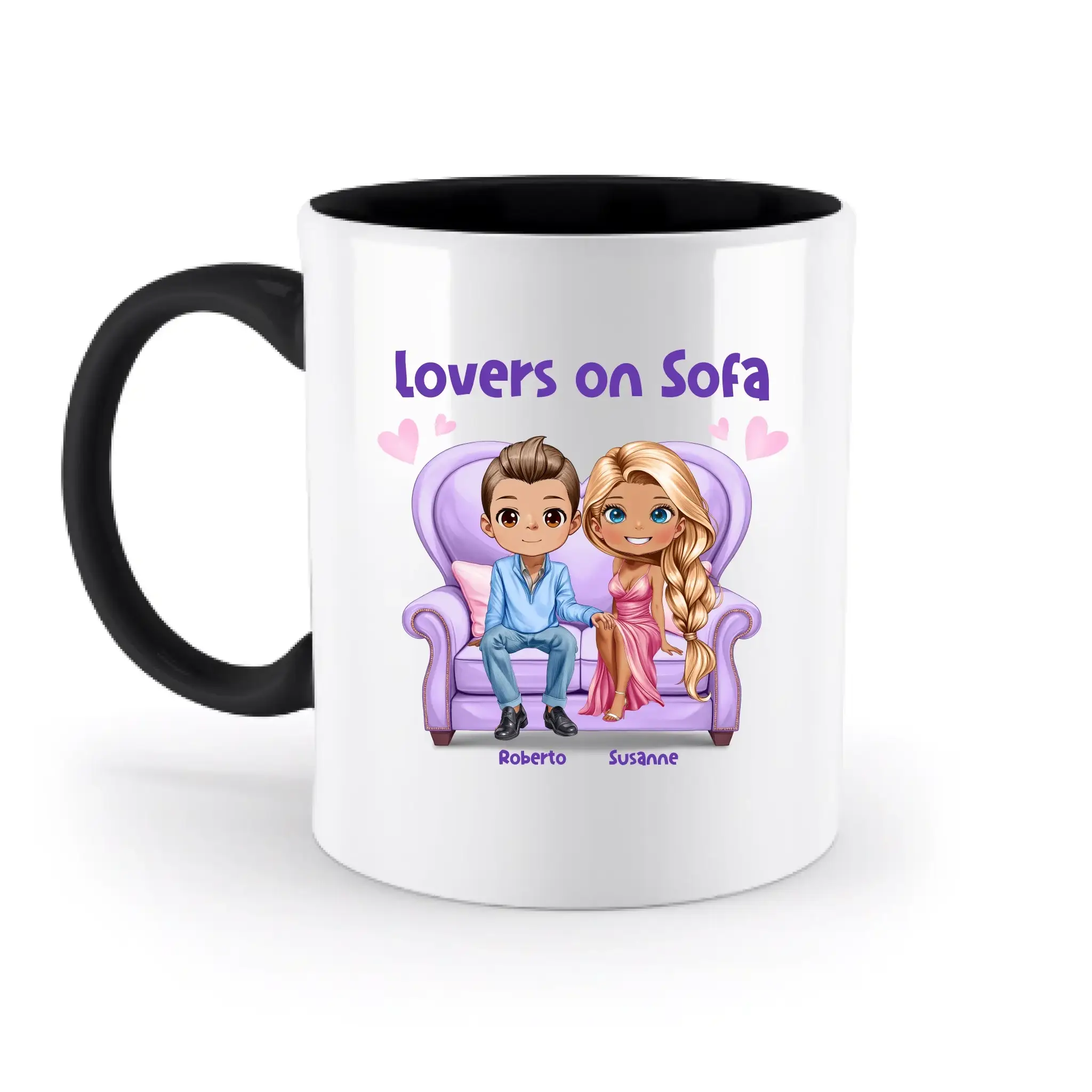 LOVERS ON SOFA (diverse Paare) • mit Wunschtext • zweifarbige Tasse • Exklusivdesign • personalisiert