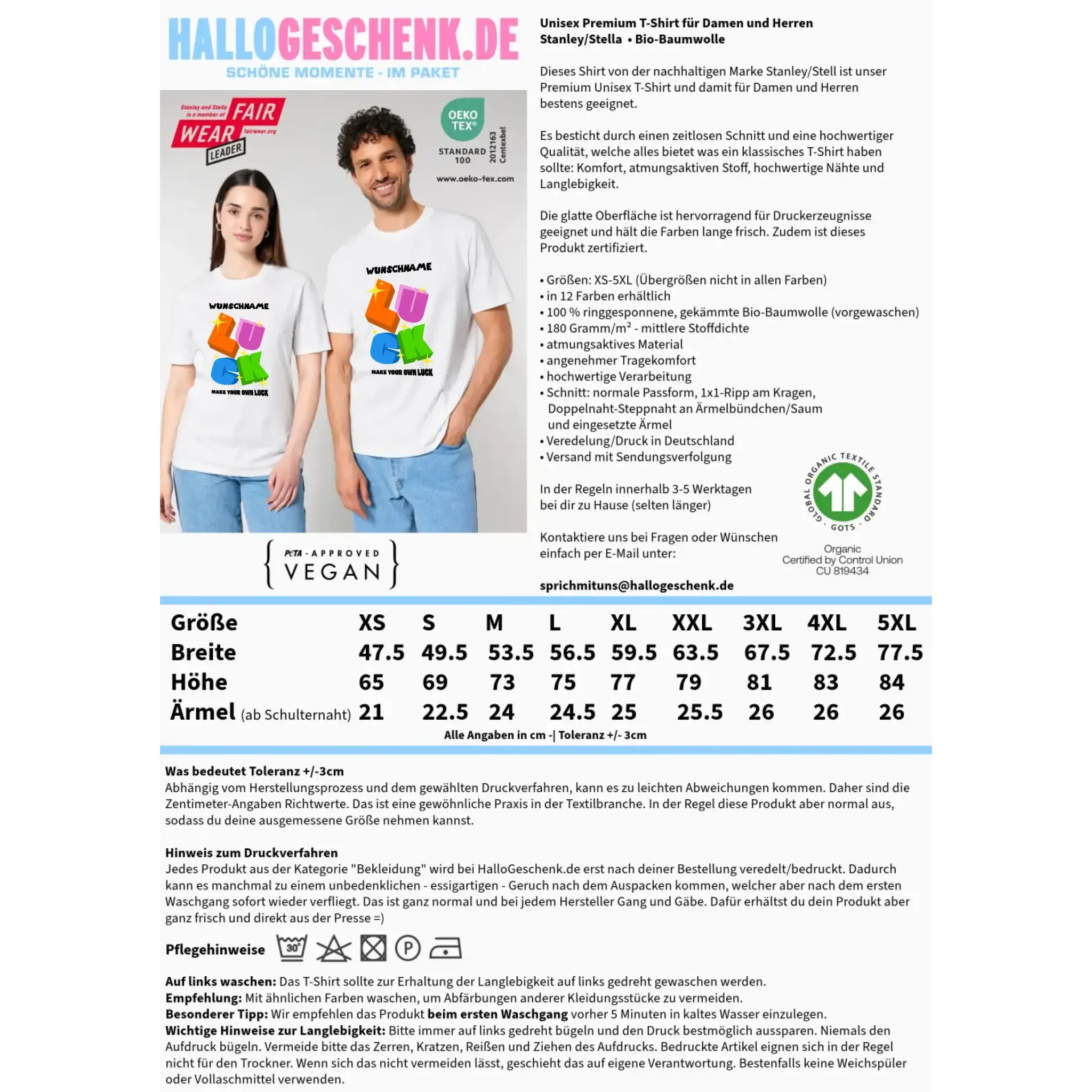 Luck + dein Name • Unisex Premium T-Shirt XS-5XL aus Bio-Baumwolle für Damen & Herren • Exklusivdesign • personalisiert