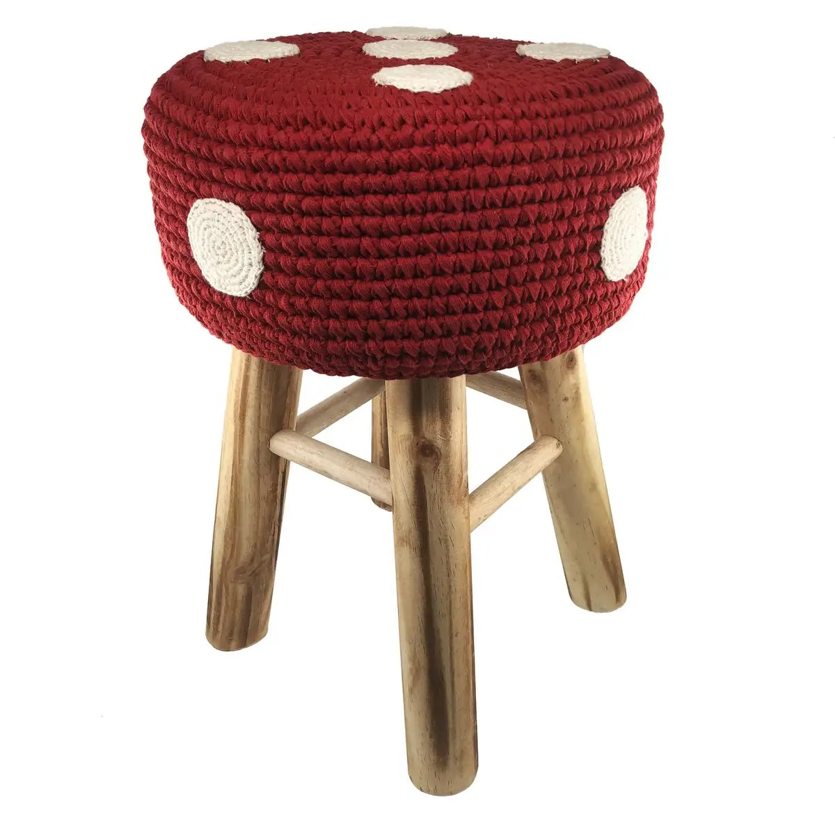 Luna-Leena-Hocker mit Pilzbezug in Rot – Baumwolle und Holz – handgehäkelt in Nepal