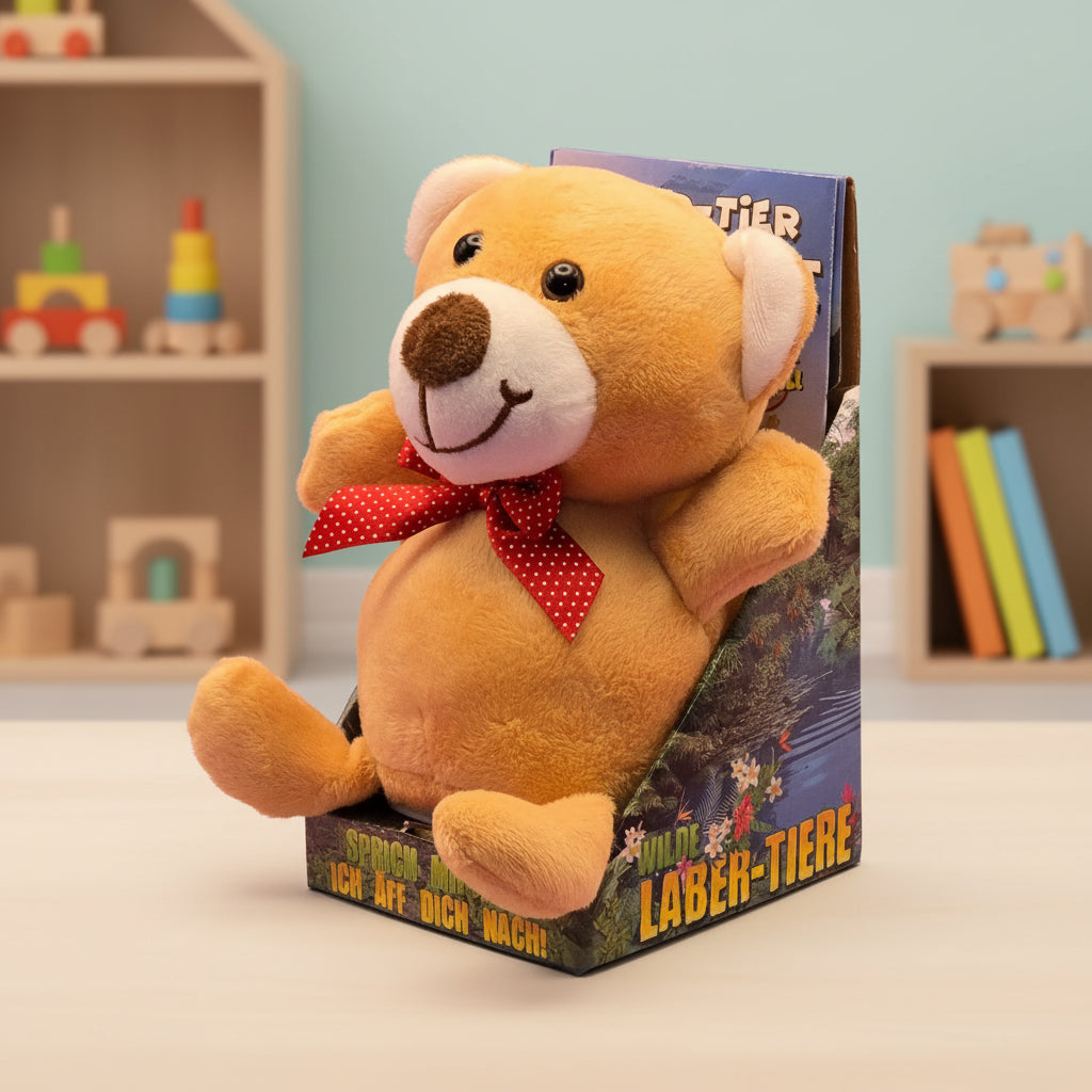 Ein tanfarbener plüsch teddy mit weißer schnauze und roter gepunkteter schleife lustiger laber-bär alex