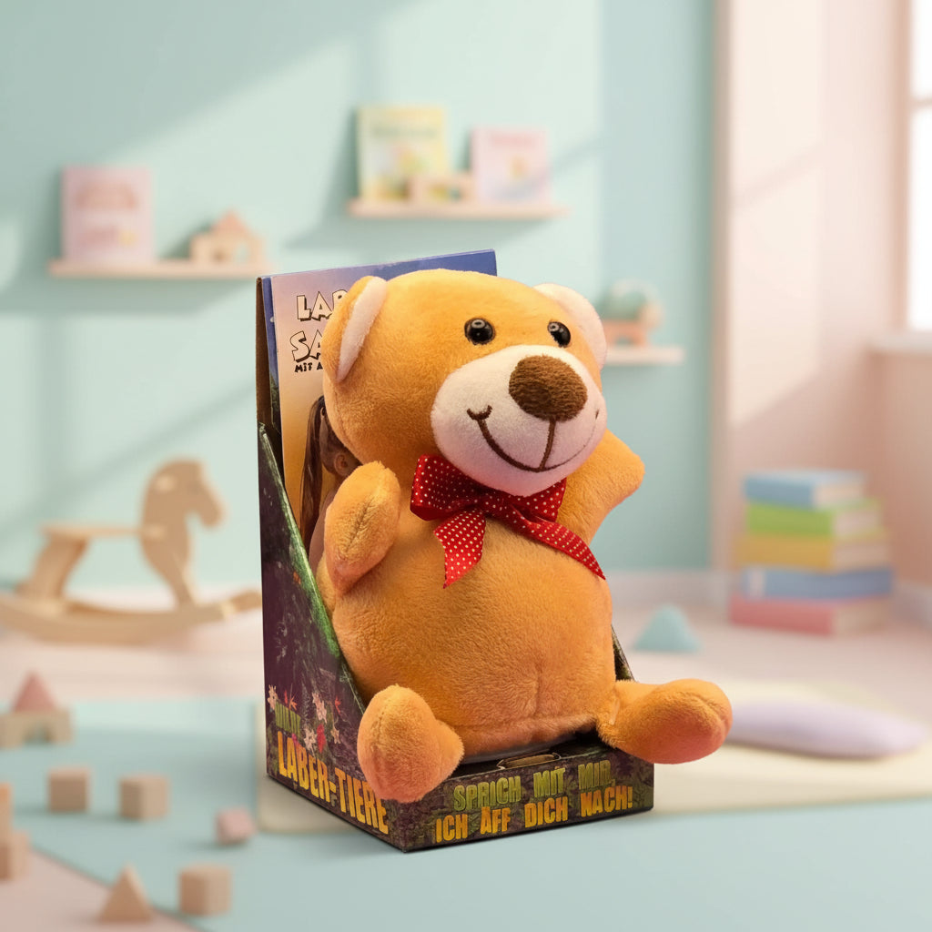 Lustiger laber-bär alex ein plüschiger goldbrauner teddybär mit weißer schnauze und roter gepunkteter schleife inklusive batterien