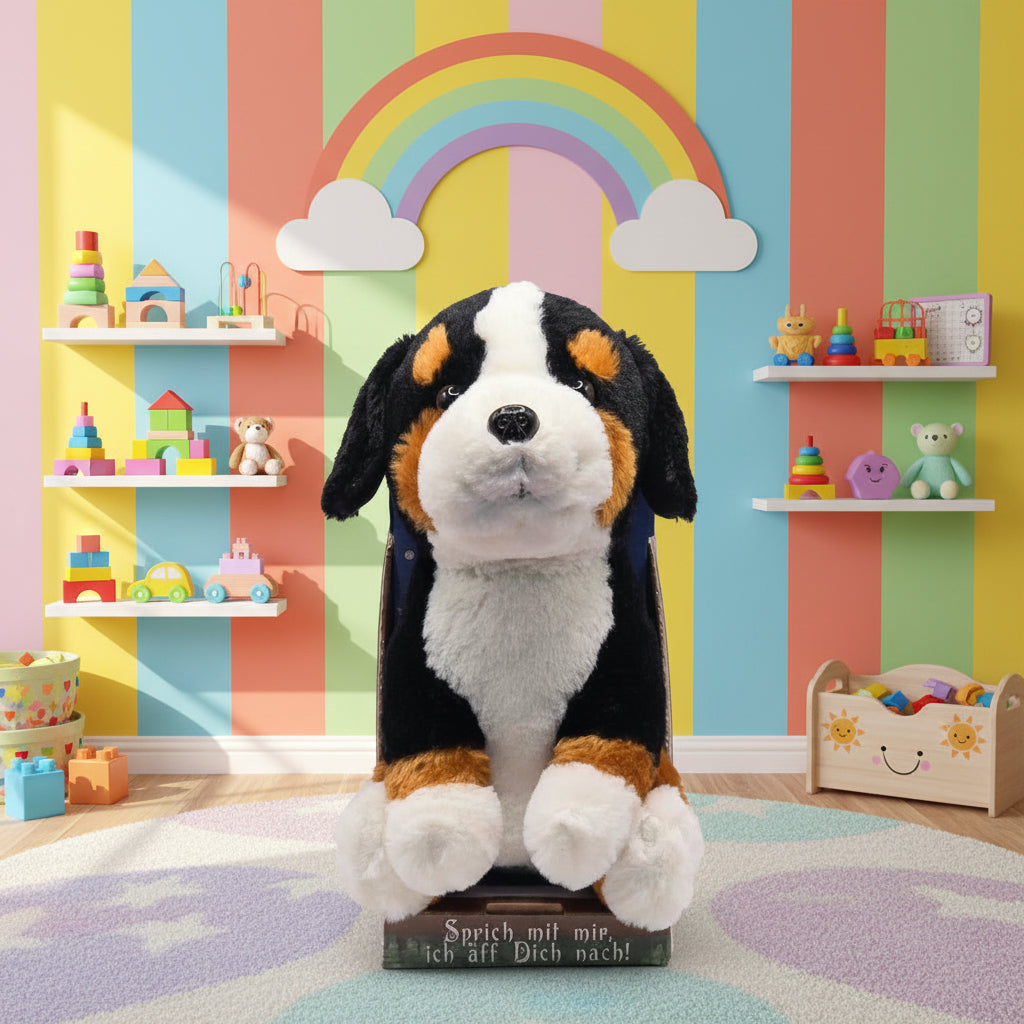 Ein plüschiger laber-berner-sennenhund rocky mit schwarz-weiß-tan farben, pinken pfoten und weichem stoff, inklusive batterien