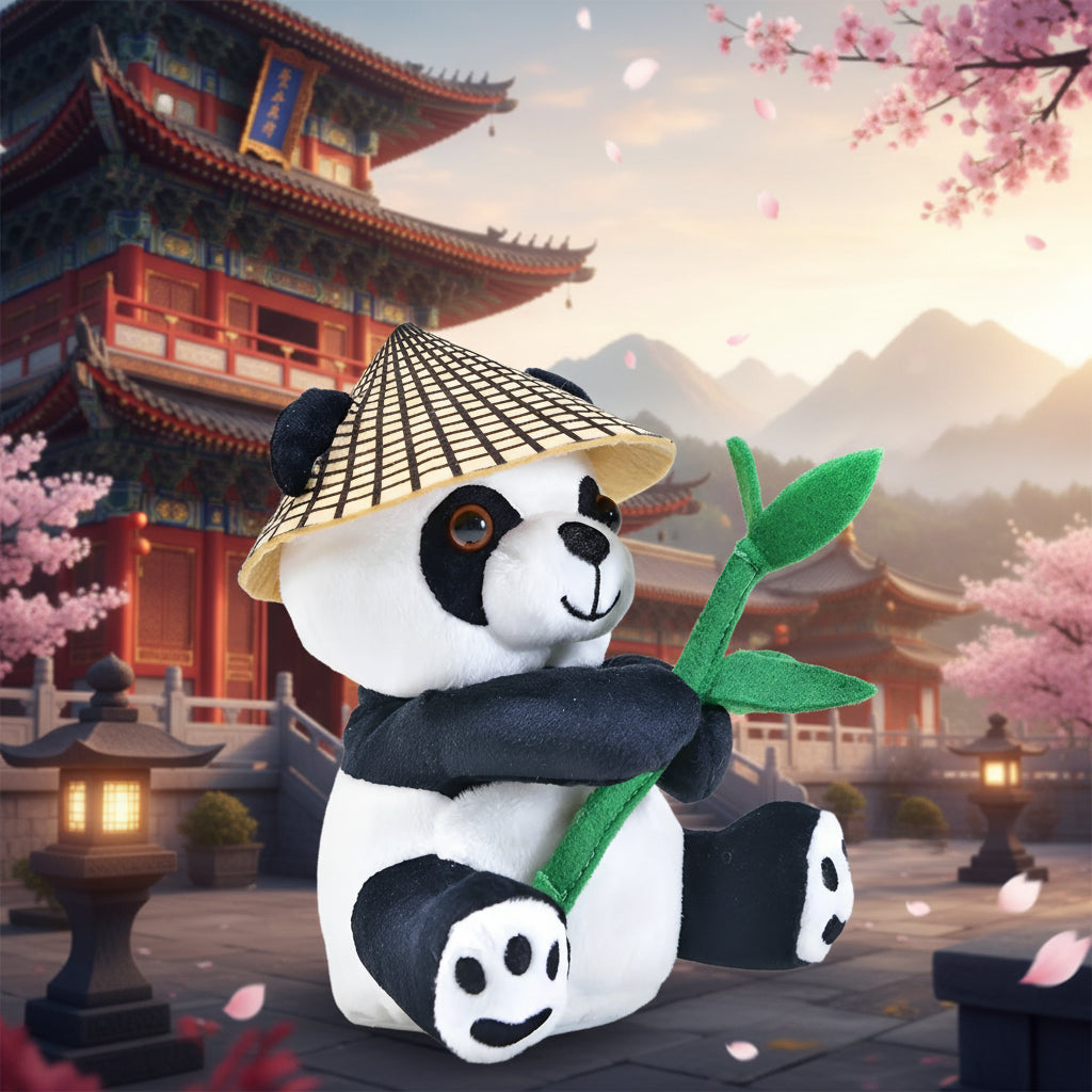 Ein lustiger laber-panda bao bao plush toy mit hut und grünem filz bambus 14,5x12x18 cm labertiere