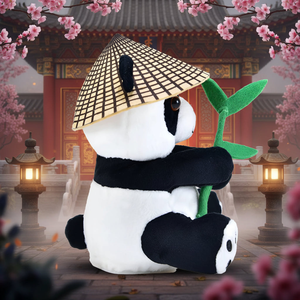 Ein lustiger laber-panda baobao plush mit strohhut und grünem bambus-stauden zum nachplappern