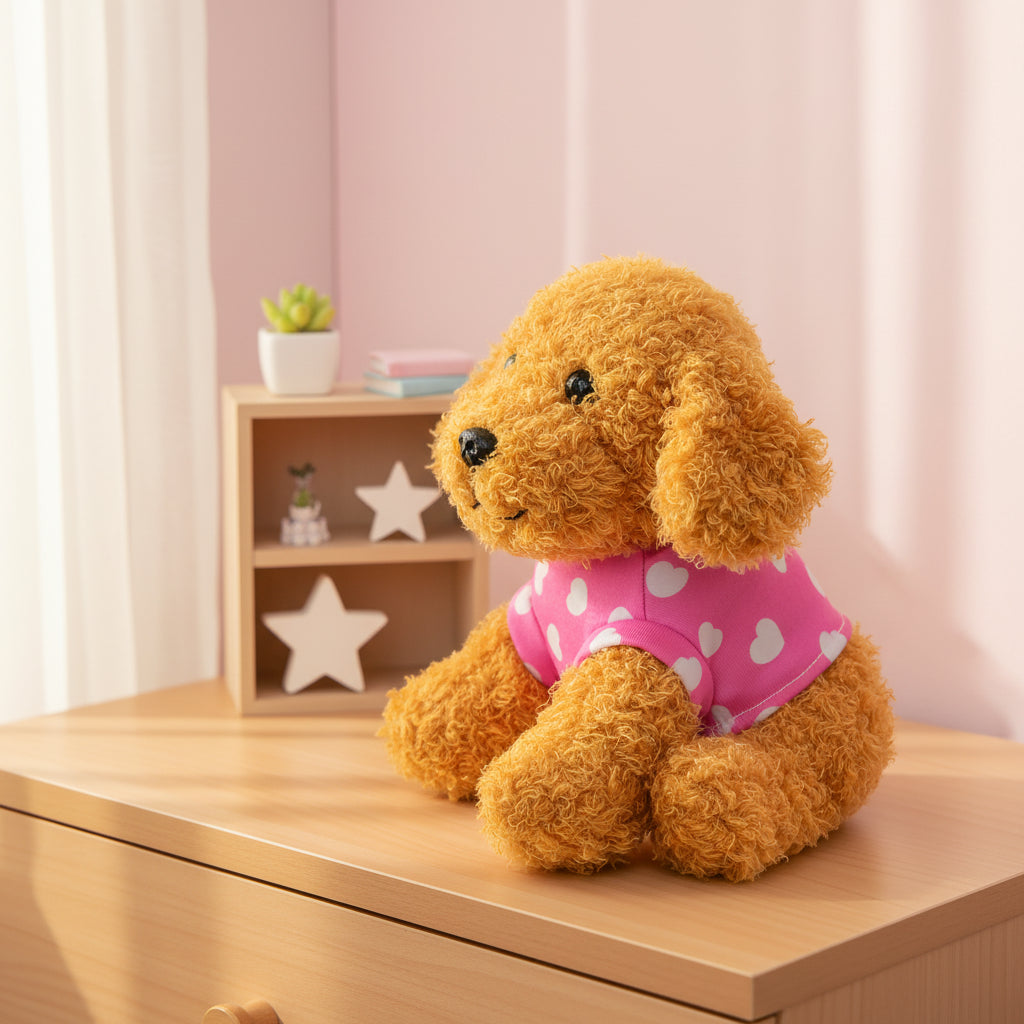 Lustiger laber-zwergpudel sissi plush toy mit golden braunem lockigem fell und rosa pullover mit weißen herzen