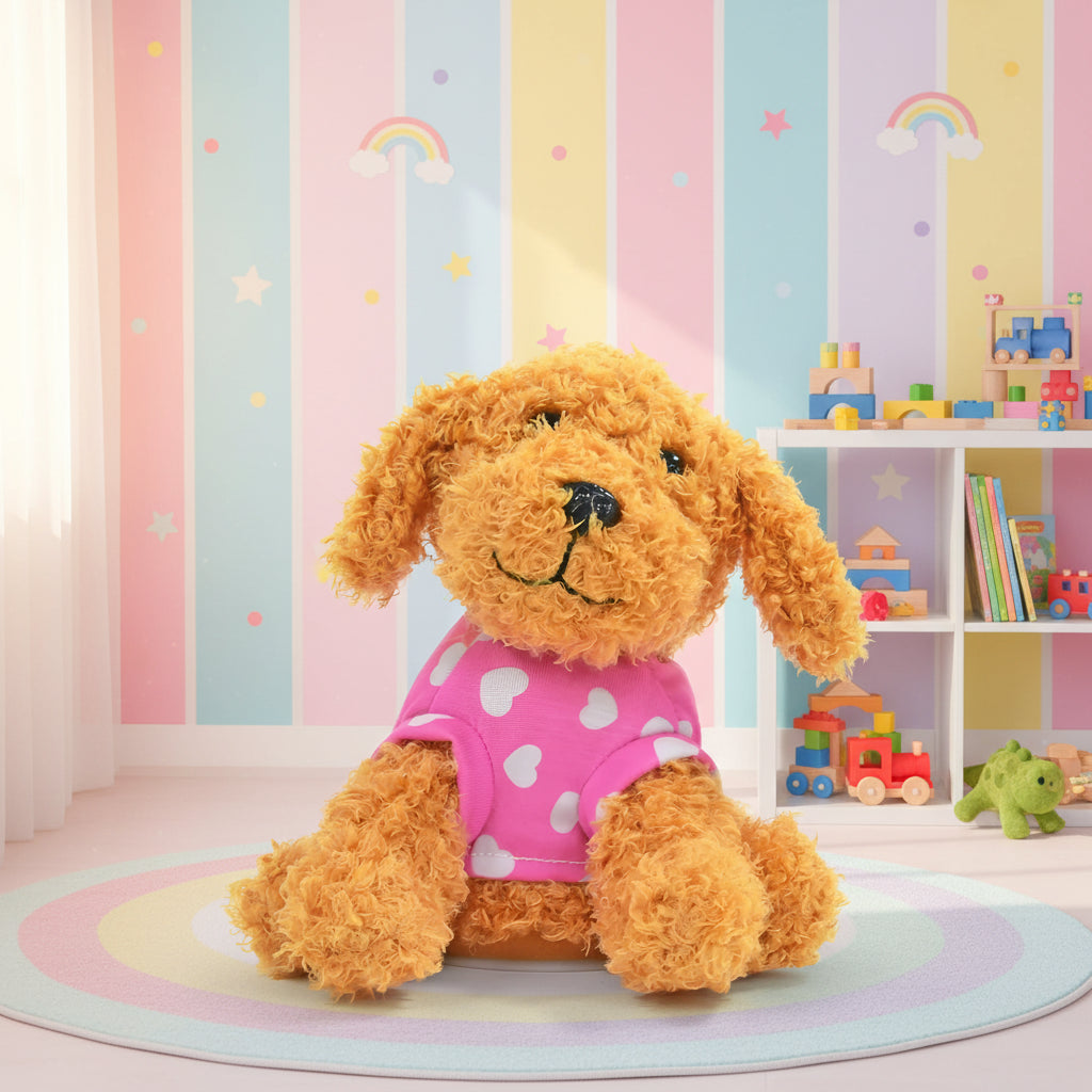 Lustiger laber-zwergpudel sissi flauschiger goldener plüschwelpe mit rosa gepunktetem pullover 16x16x175 cm