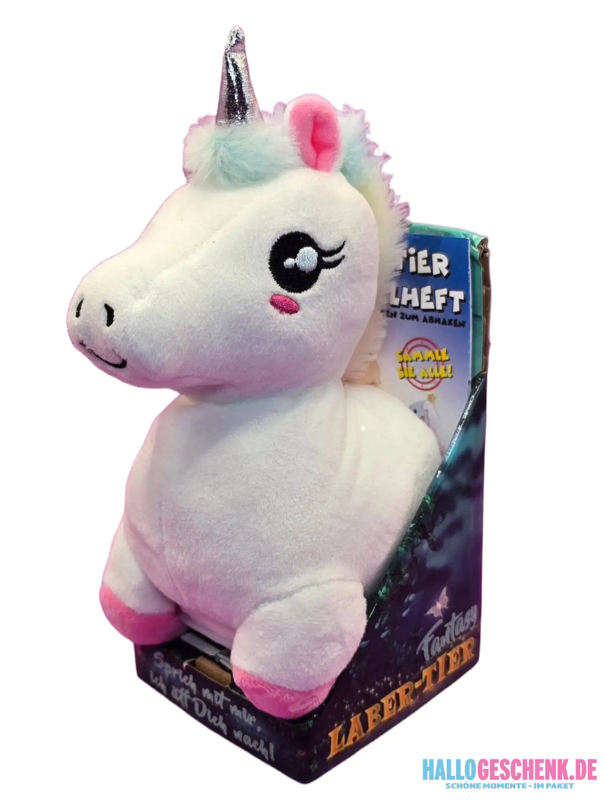 Funny chattering unicorn SNOWFLAKE, who repeats everything • white • incl. batteries • 27x13x18 cm • Chattering animals