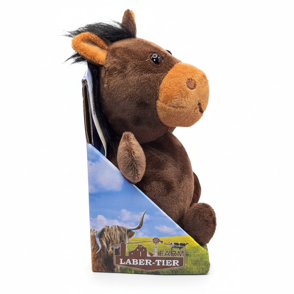 Ein lustiges laber-pferd hugo plush toy in braun mit orangefarbener schnauze und schwarzen augen zum nachplappern