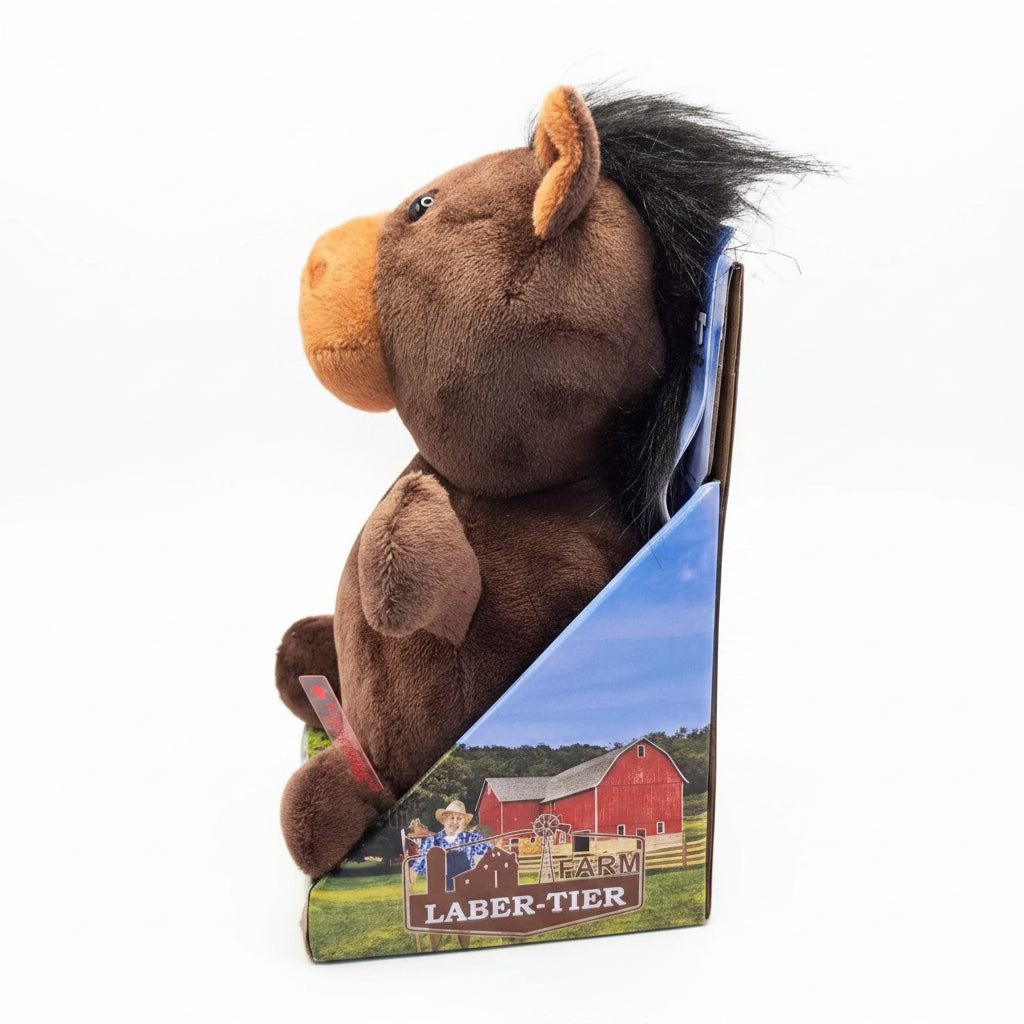 Lustiges laber-pferd hugo braunes plüschpferd mit orangem maul und ohren und schwarzer garnmähne ca 18x12x17 cm