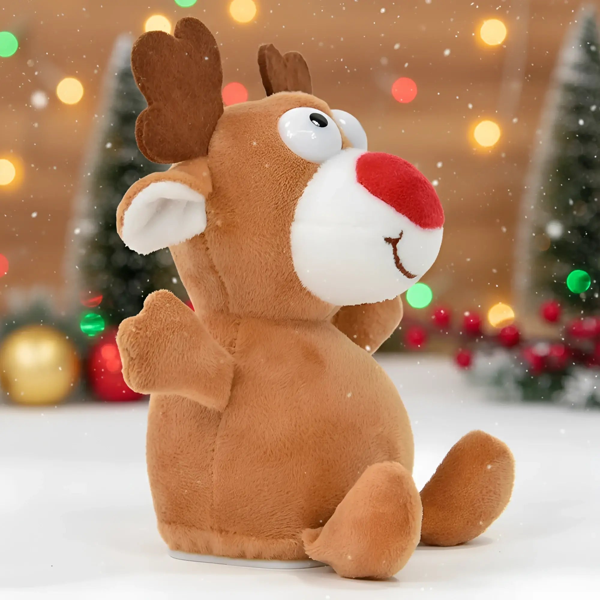Ein lustiges laber-rentier rudolph mit roter nase und weißem maul aus weichem plüsch zum nachplappern inklusive batterien