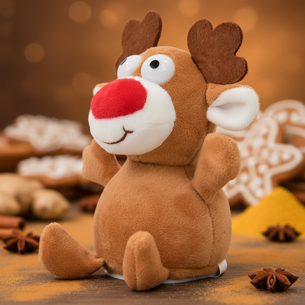 Lustiges laber-rentier rudolph braun mit roter nase weißen ohren und herzförmigen geweihen inklusive batterien
