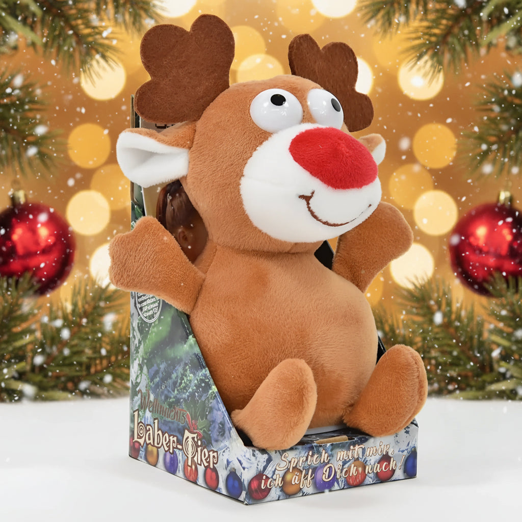 Ein braunes plüsch rentier spielzeug rudolph mit roter nase weißen ohren und herzförmigen geweihen zum nachplappern