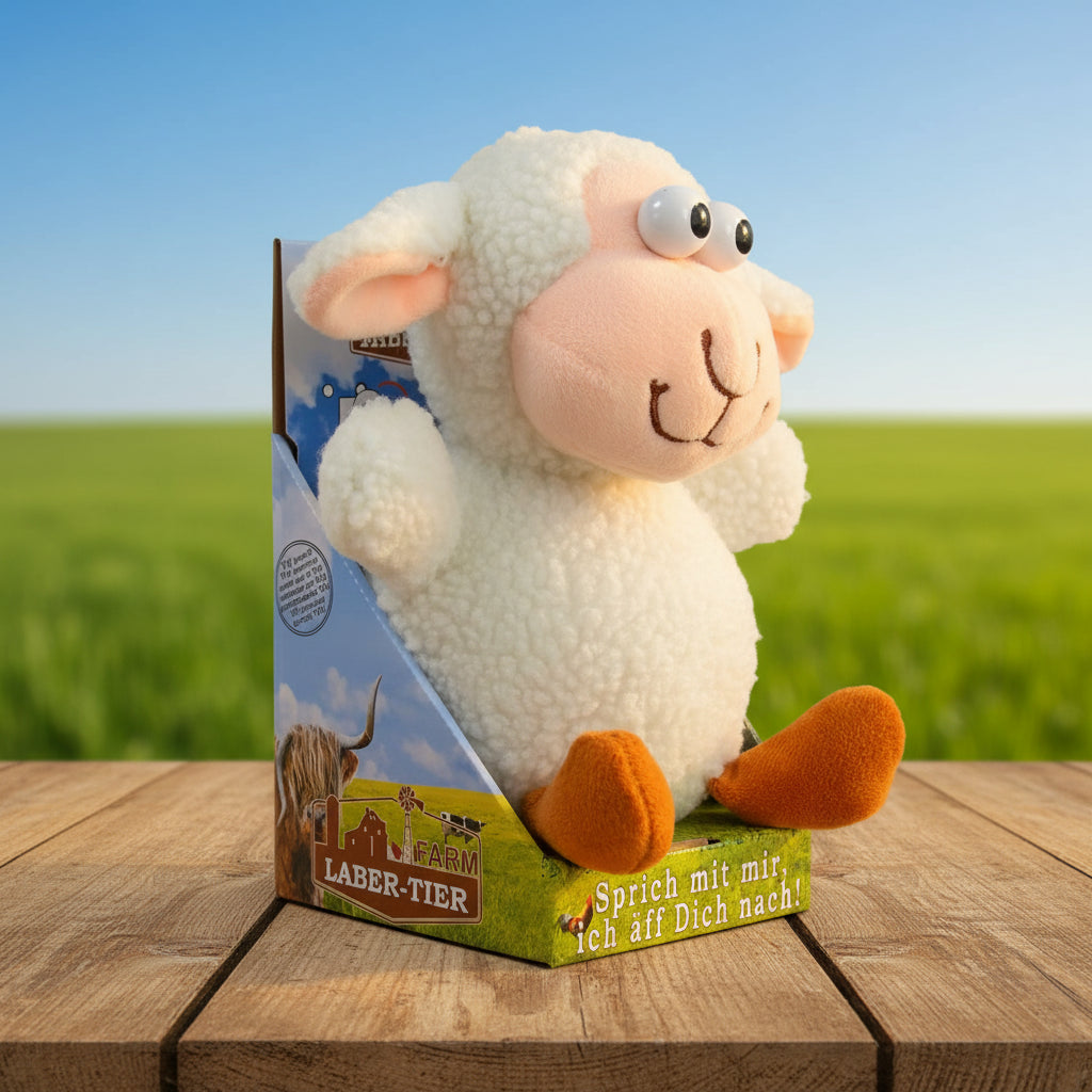 Ein lustiges laber-schaf bubi plüschspielzeug mit weißem körper, rosa gesicht, orangen füßen und wackelaugen in der verpackung