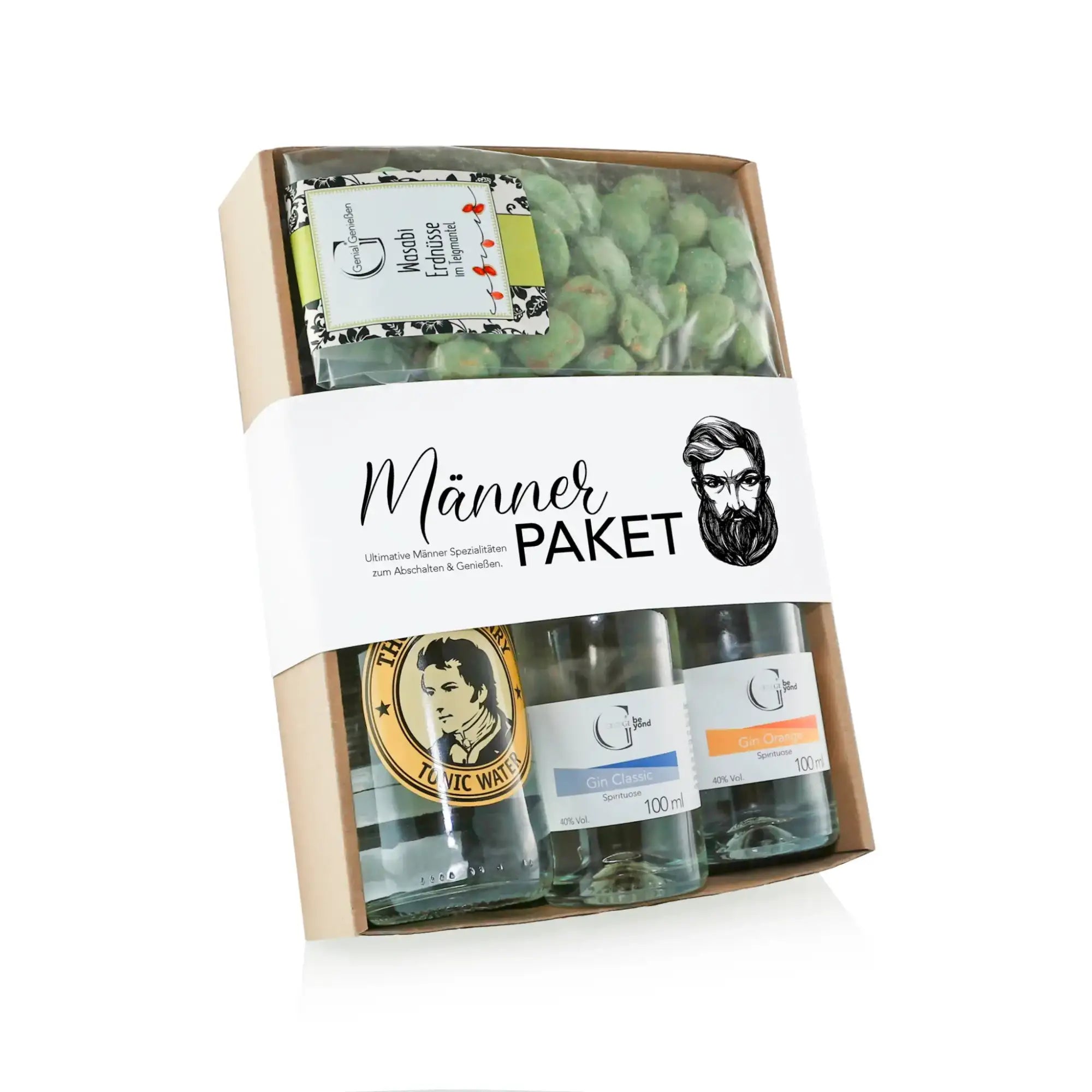 Ein beiger pappe geschenkbox männer-paket mit drei gin tonic flaschen, orangenspritzer und grünem macchiato candy