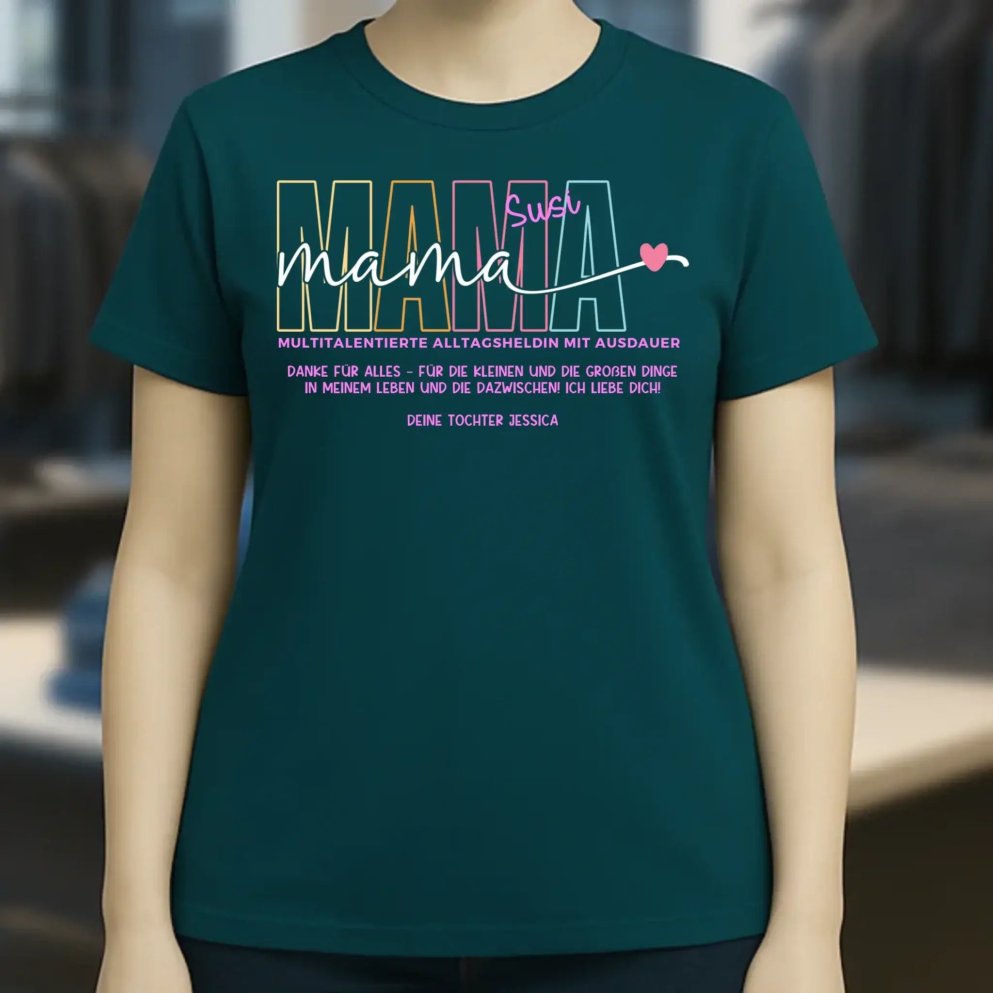 MAMA: Multitalentierte Alltagsheldin mit Ausdauer + Wunschname + Botschaft • Ladies Premium T-Shirt XS-2XL aus Bio-Baumwolle für Damen • Exklusivdesign • personalisiert