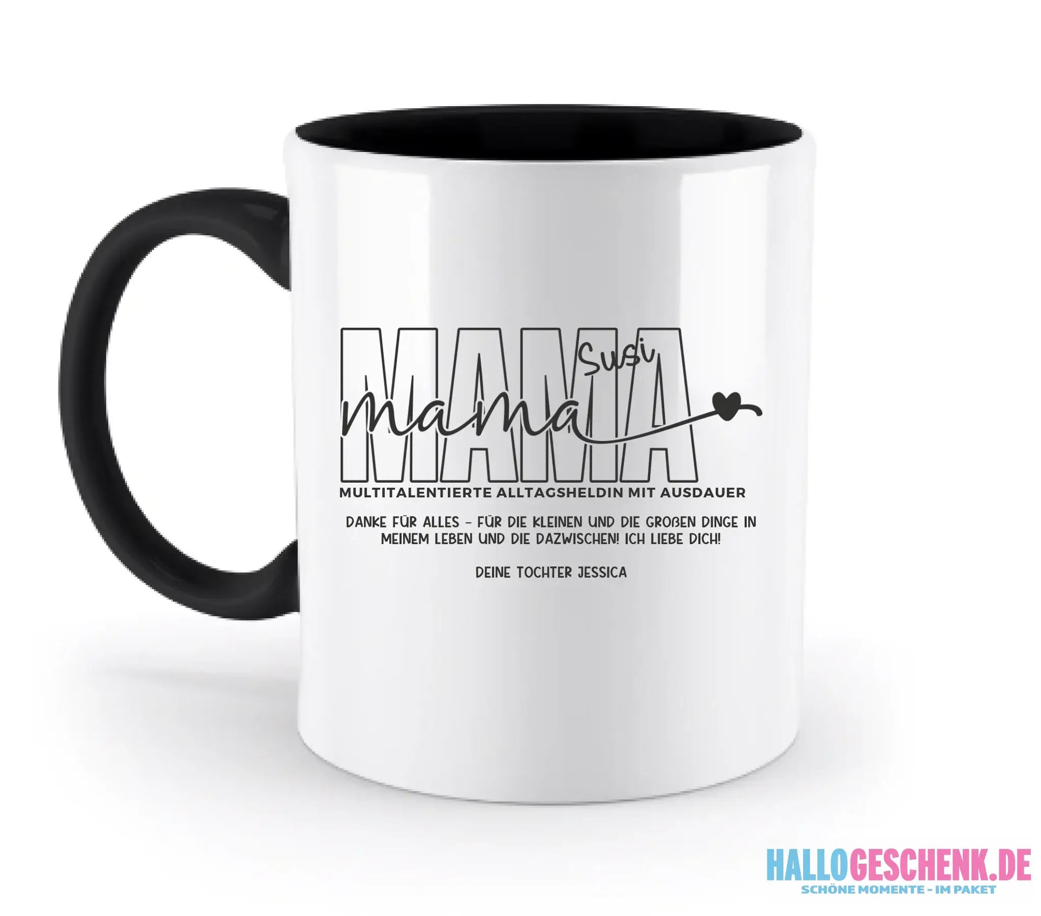 MAMA: Multitalentierte Alltagsheldin mit Ausdauer + Wunschname + Botschaft • zweifarbige Tasse • Exklusivdesign