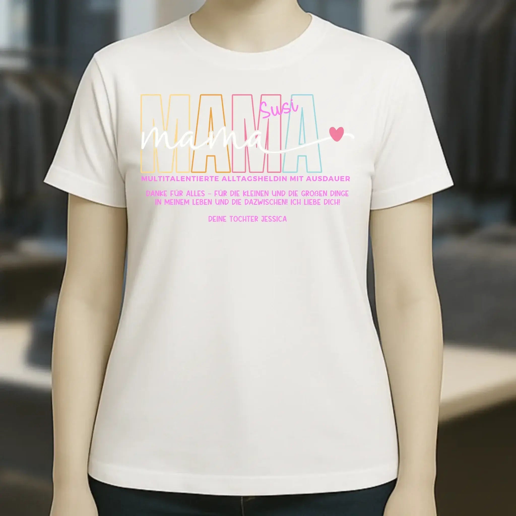 MAMA: Multitalentierte Alltagsheldin mit Ausdauer + Wunschname + Botschaft • Ladies Premium T-Shirt XS-2XL aus Bio-Baumwolle für Damen • Exklusivdesign • personalisiert