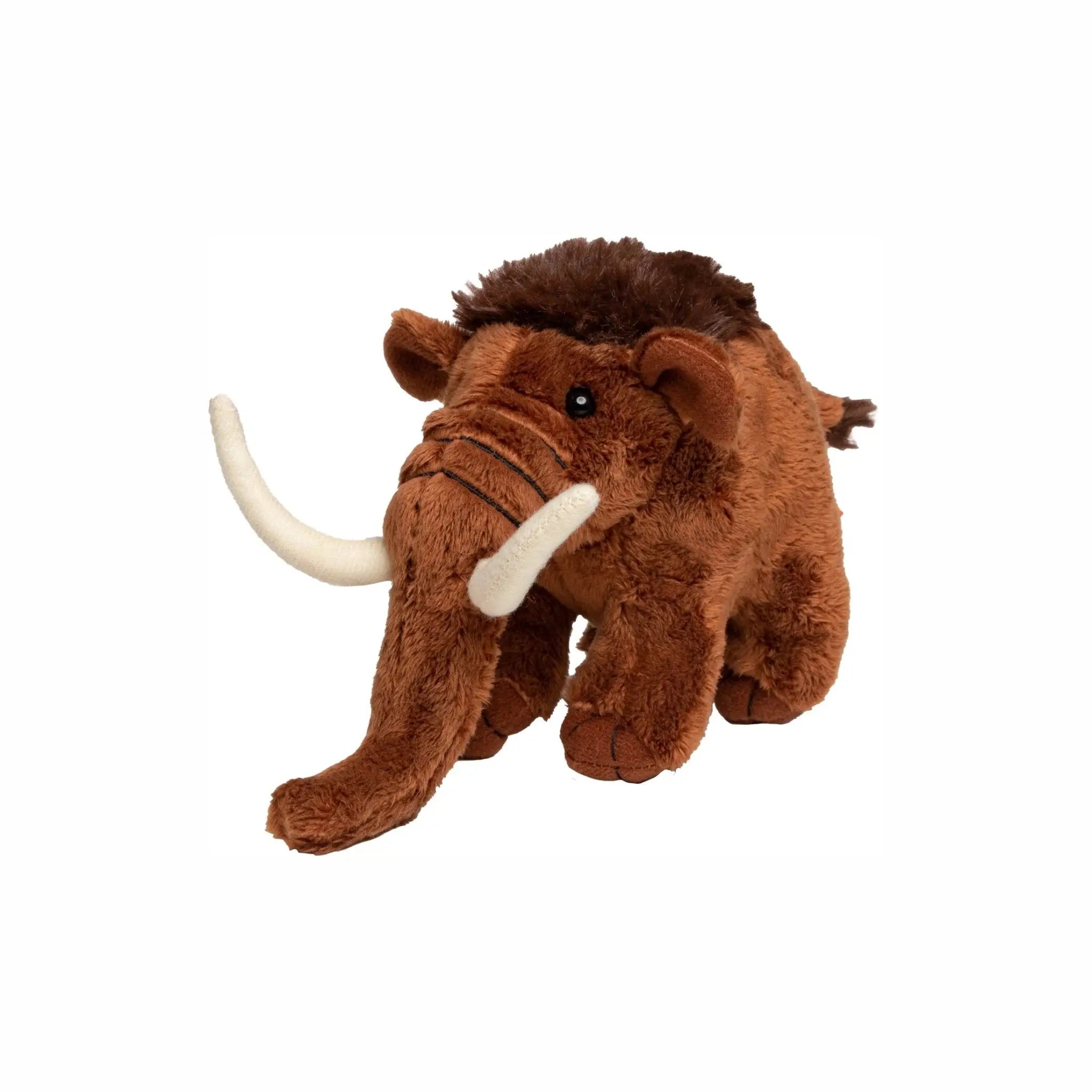 Brauner mammut plüschtier mit weißen stoßzähnen und dunklem braunem haar von mammut manni stofftier