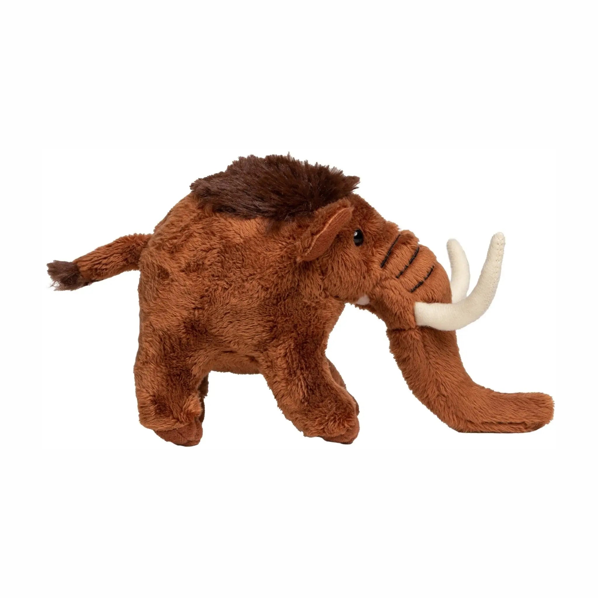 Mammut manni plüschtier braunes stofftier mammut mit weißen stoßzähnen und dunklerer brauner mähne