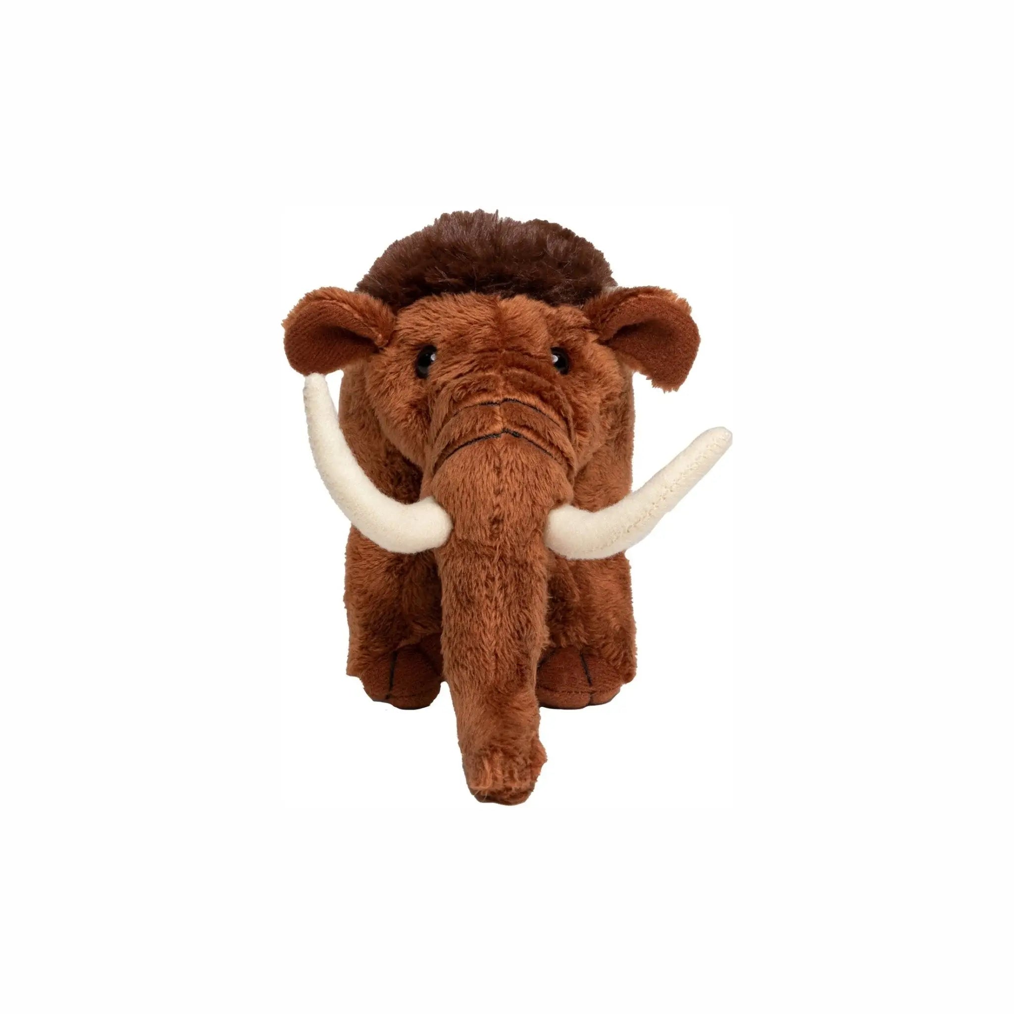 Braunes plüschtier mammut manni mit weißen stößeln und dunkelbrainer mähne aus stoff