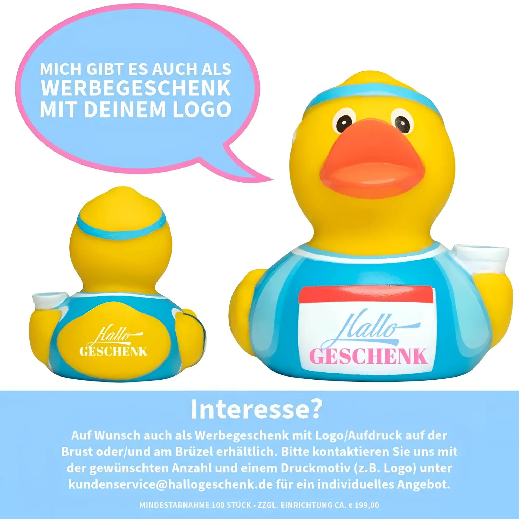Gelbe gummi-ente im marathon jogging outfit mit blauem stirnband und hallo geschenk jersey