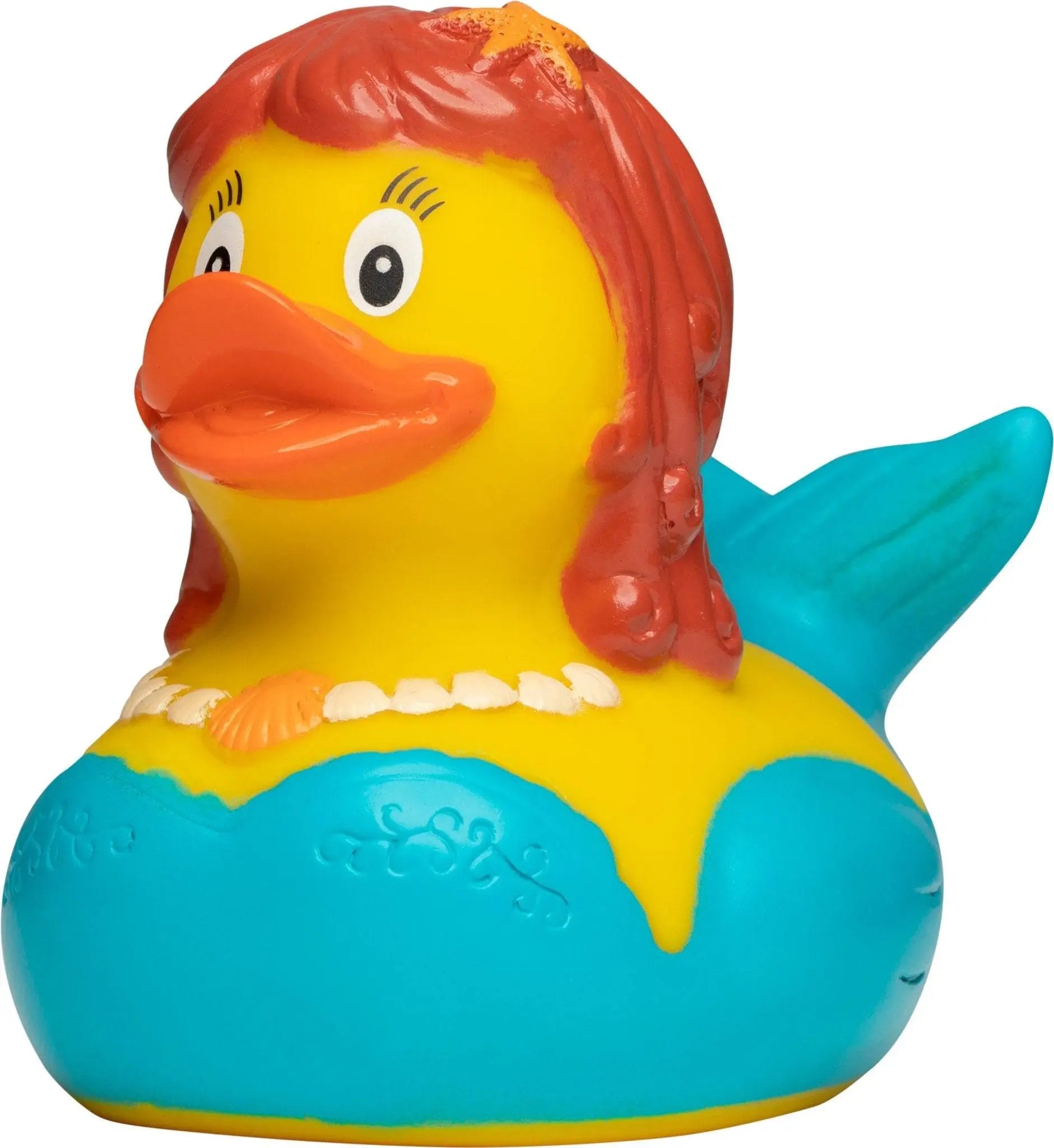 Eine gelbe badeente mit roten haaren und blauem meerjungfrauenschwanz für spaß im bad