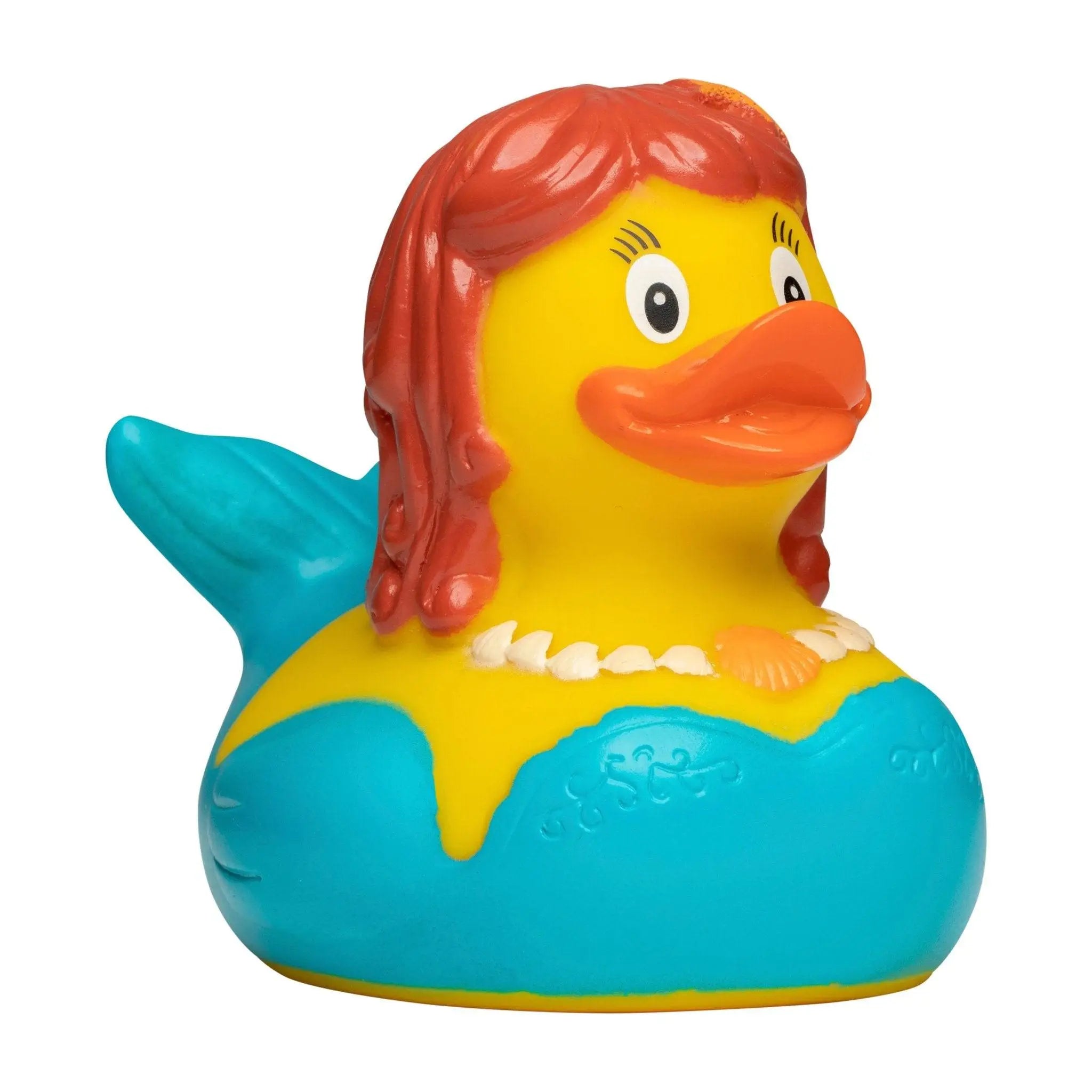 Gelbe badeente mit rotem haar, blauer meerjungfrauenschwanz und orangefarbenem schnabel aus kautschuk