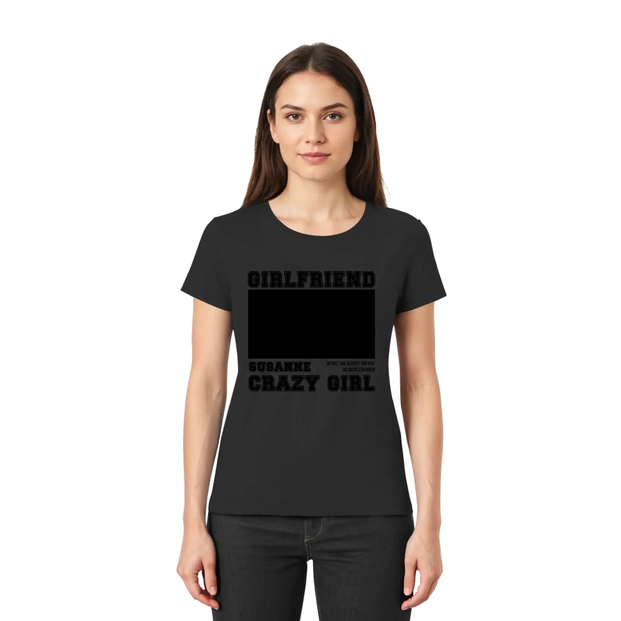 Schwarzes kurzarmshirt mit statement print girlfriend und crazy girl aus der mein fotomotiv 13 kollektion personalisiert