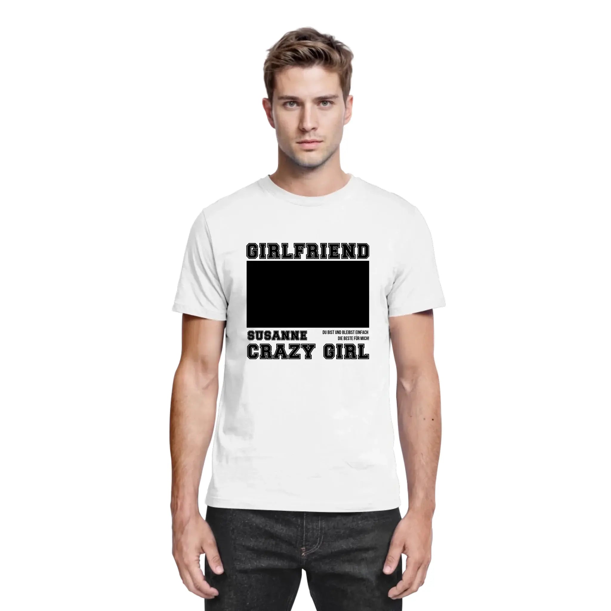 Weiße baumwoll t-shirt mit schwarzem text und leerem rechteck für foto print personalisiert statement collection